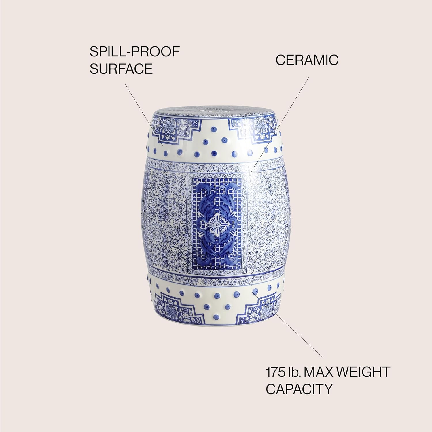 Acanthus Ceramic Garden Stool 17.75″ Chinoiserie Drum Indoor/Outdoor Patio