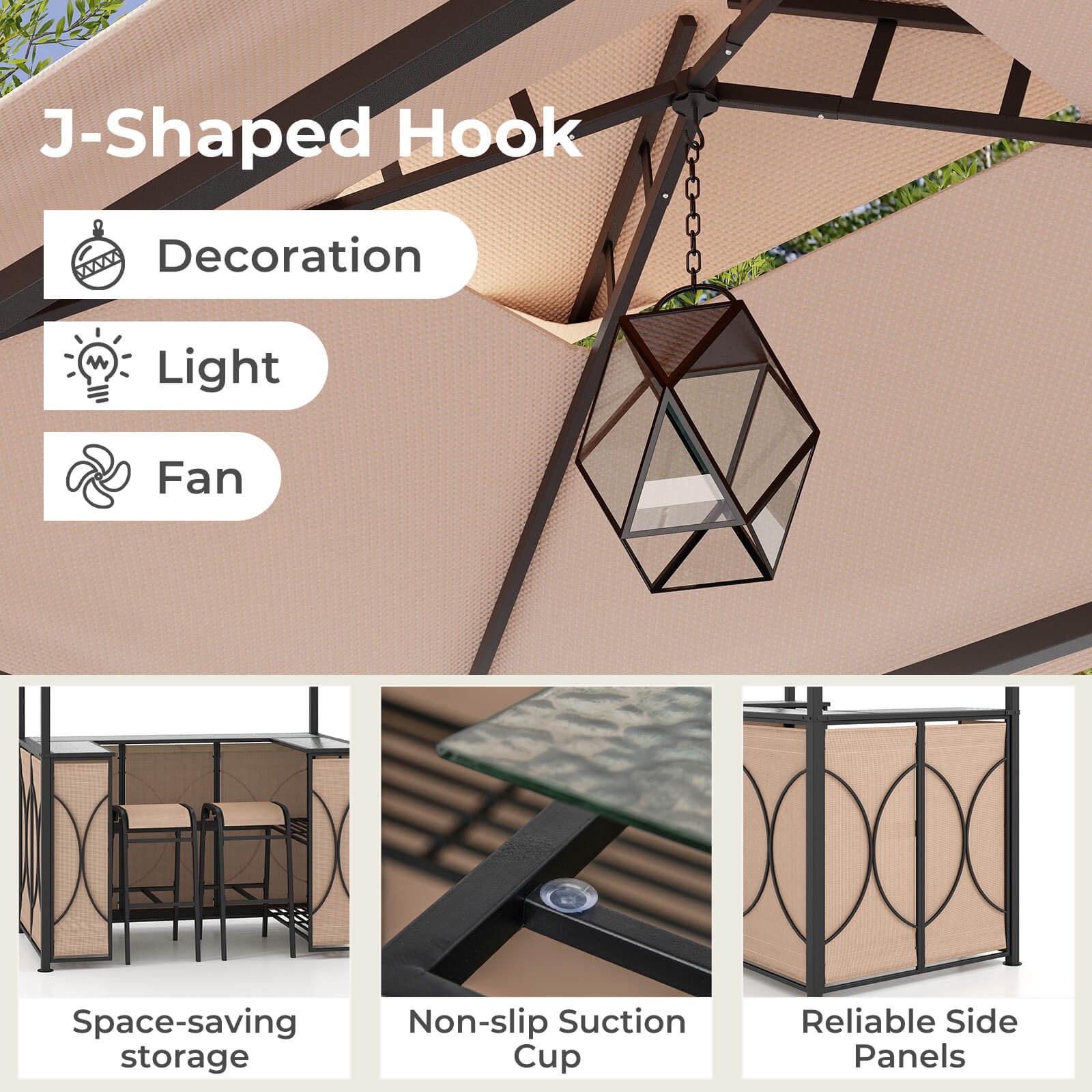 3 PCS Patio Bar Set w/ Tempered Glass Bar Table Metal Storage Shelves for Garden