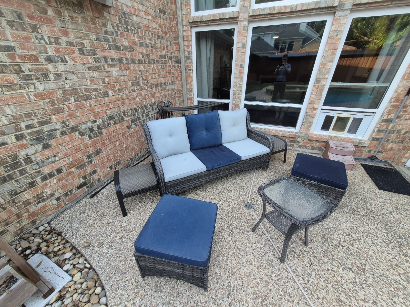 Wicker Patio Sofa Set w/ Cushions, 2 Ottomans & Square Clear Glass Table
