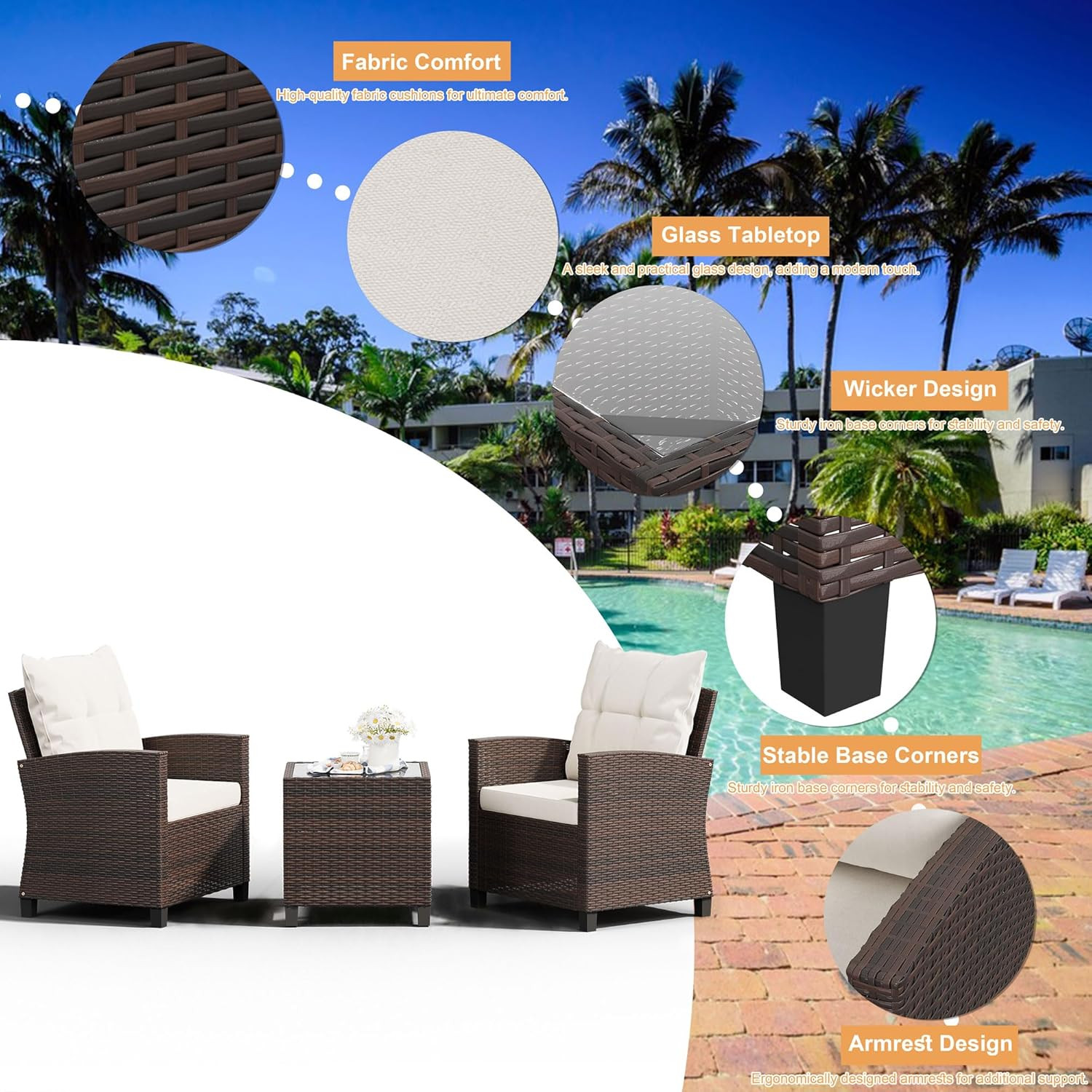 3 Pieces Patio Furniture Set, PE Rattan Wicker 3 Pcs Patio Set, Outdoor Furnitur