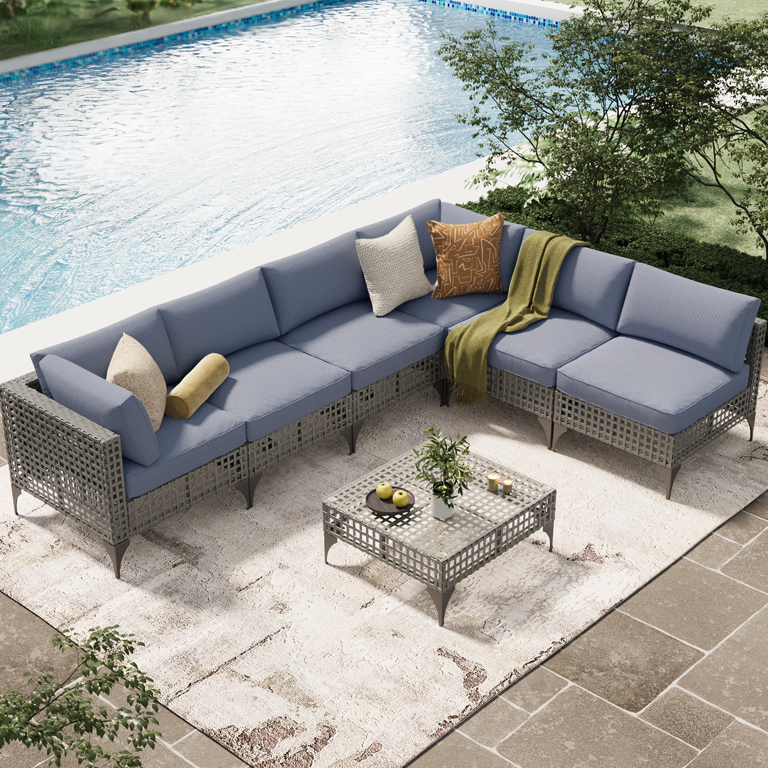 7-Piece Patio Furniture Set Outdoor Sectional Sofa with Cushions Wicker Rattan
