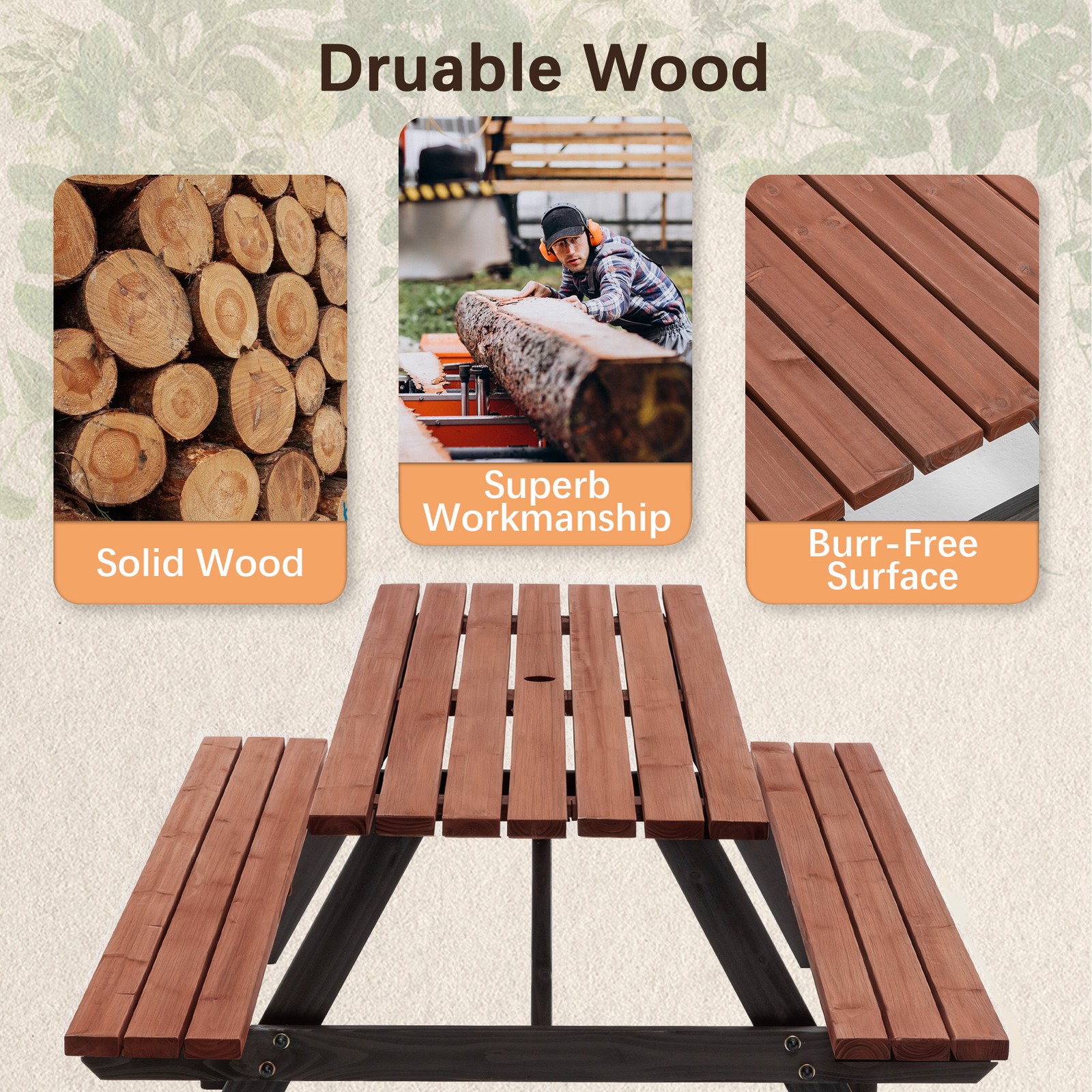 Fir Wood Picnic Table Bench Set 75″ Patio Dining Table Bench Set W/Umbrella Hole