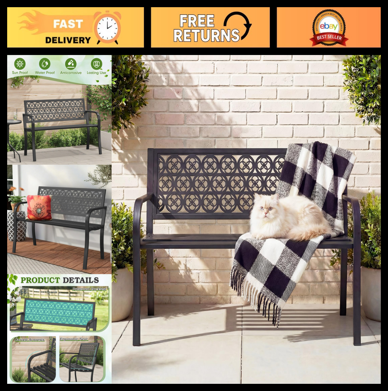 44″ Outdoor Garden Bench – Iron Metal Frame, Weatherproof Patio Seating with Bac