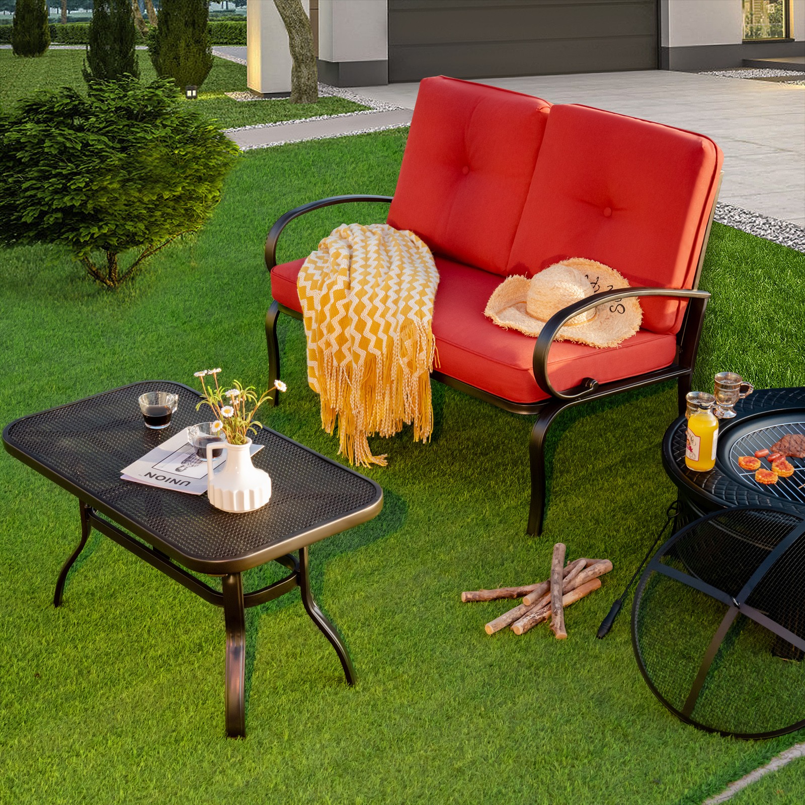 Patiojoy 2 PCS Patio Love Seat Coffee Table Set Bench W/ Cushions Red