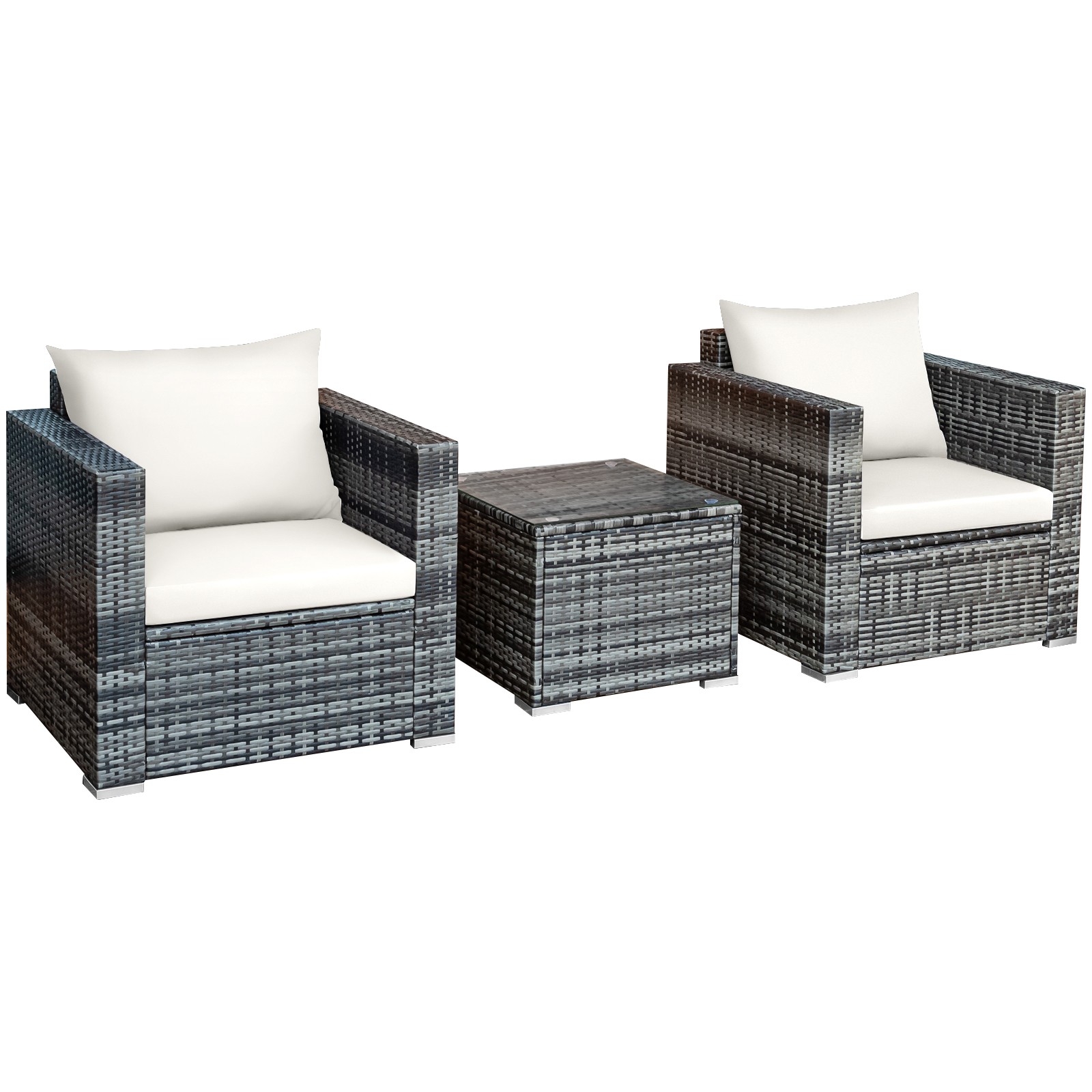 Costway 3 PC Patio Rattan Furniture Bistro Set Cushioned Sofa Chair Table White
