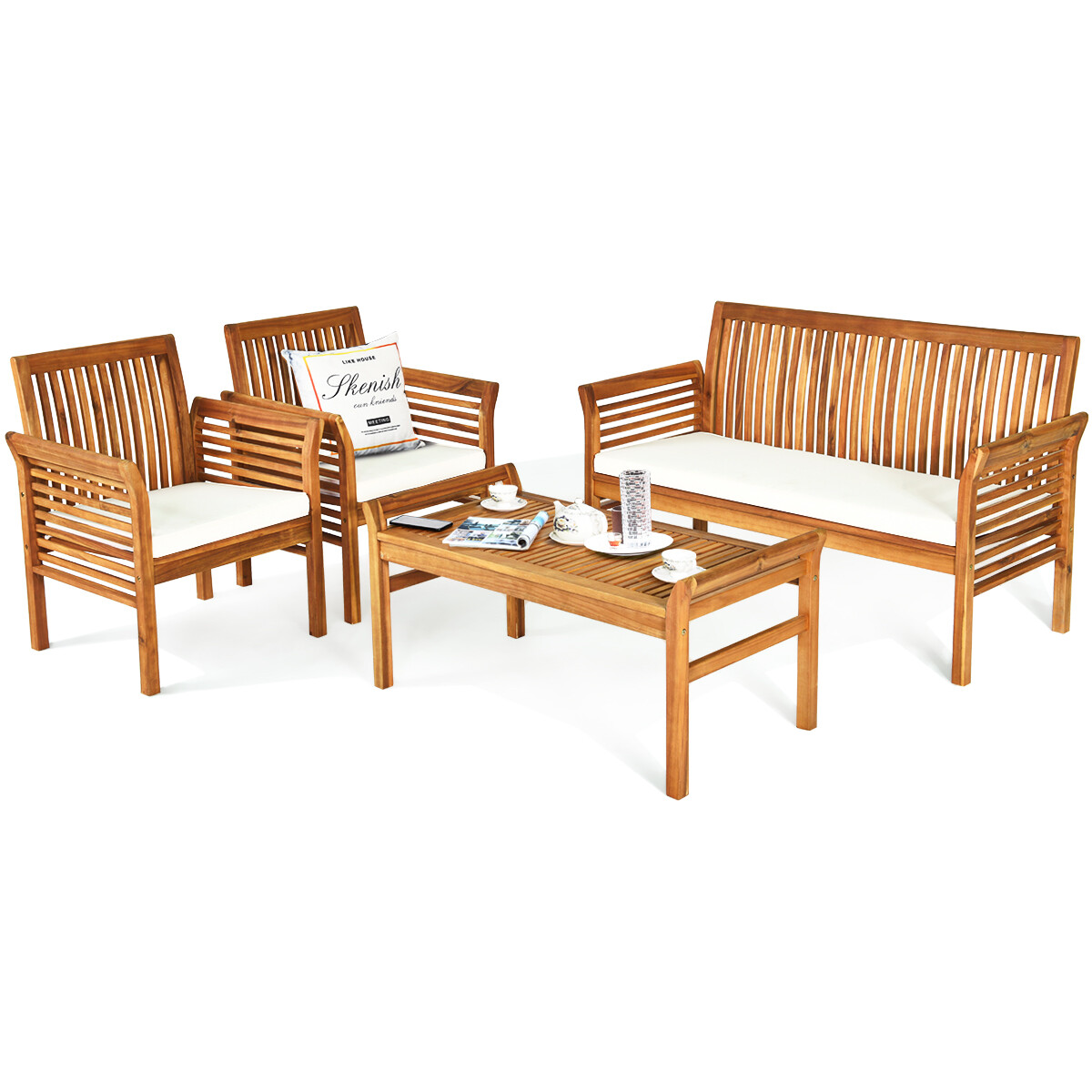 4 PCS Outdoor Acacia Wood Sofa Furniture Set Cushioned Chair Coffee Table Garden