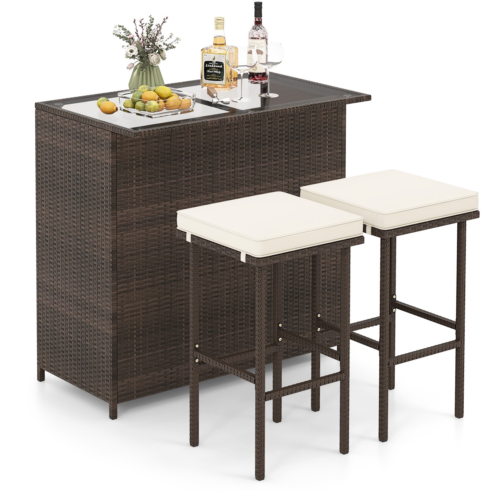 3 PCS Patio Bar Set w/ Tempered Glass Tabletop 2-Tier Storage Removable Cushions