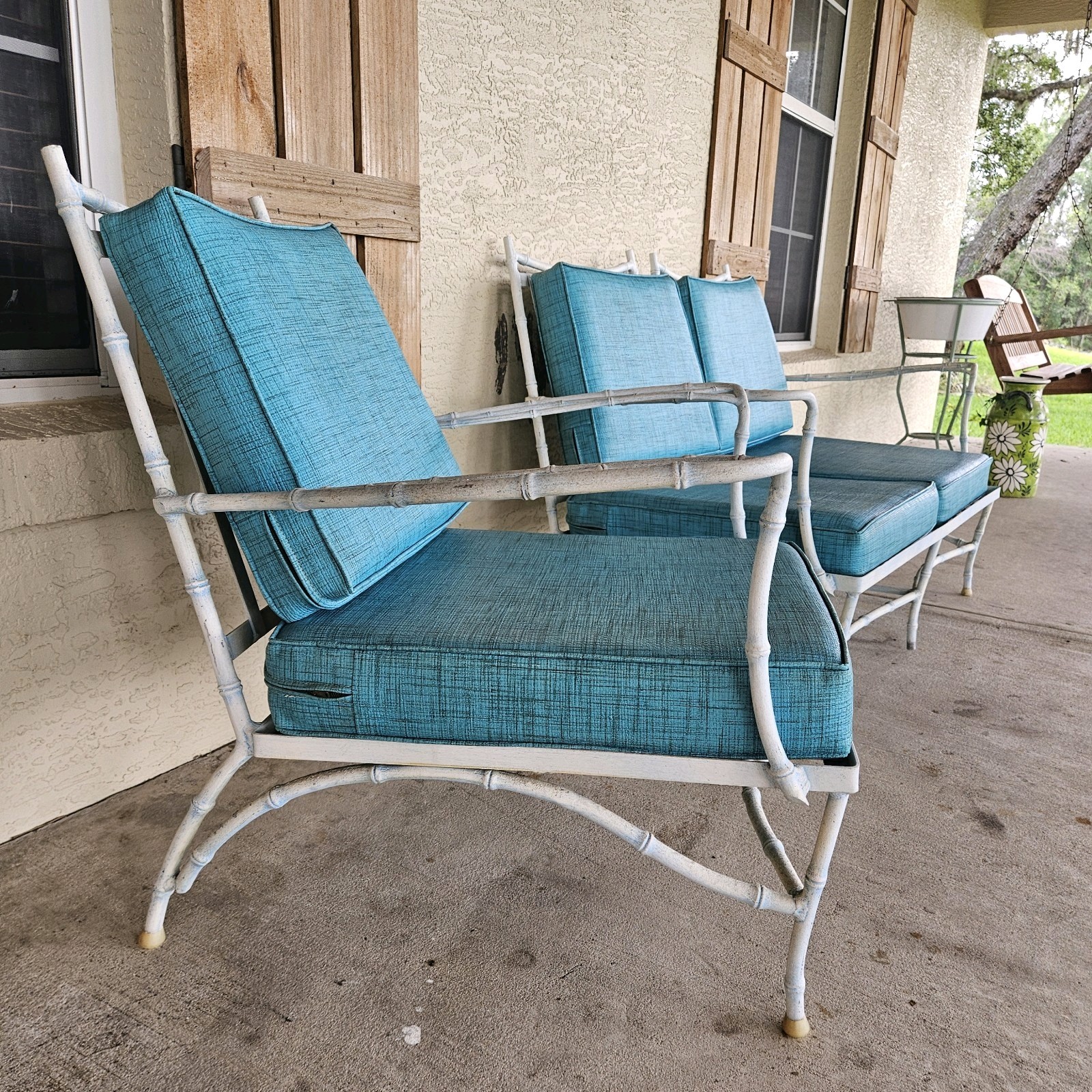 Iron Patio Furniture Set Loveseat & Chair Mid-Century Modern Faux Bamboo Vintage