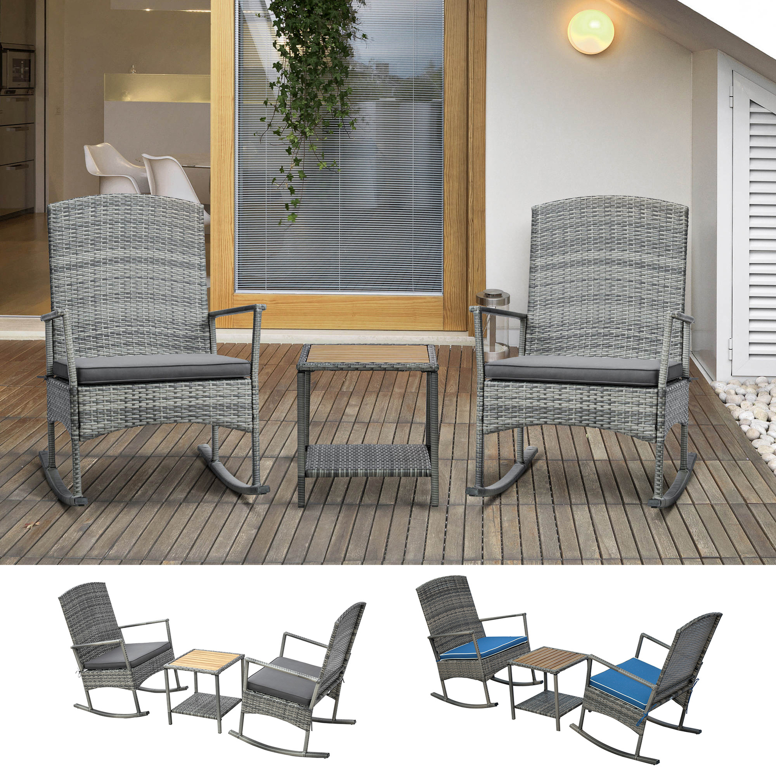3 PCS Outdoor PE Rattan Wicker Recliner Rocker Chair w/ Soft Cushion & Table