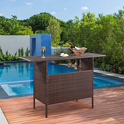 SPSUPE Outdoor Patio Rattan Bar Table, Wicker Bar Counter Table with 2 Steel