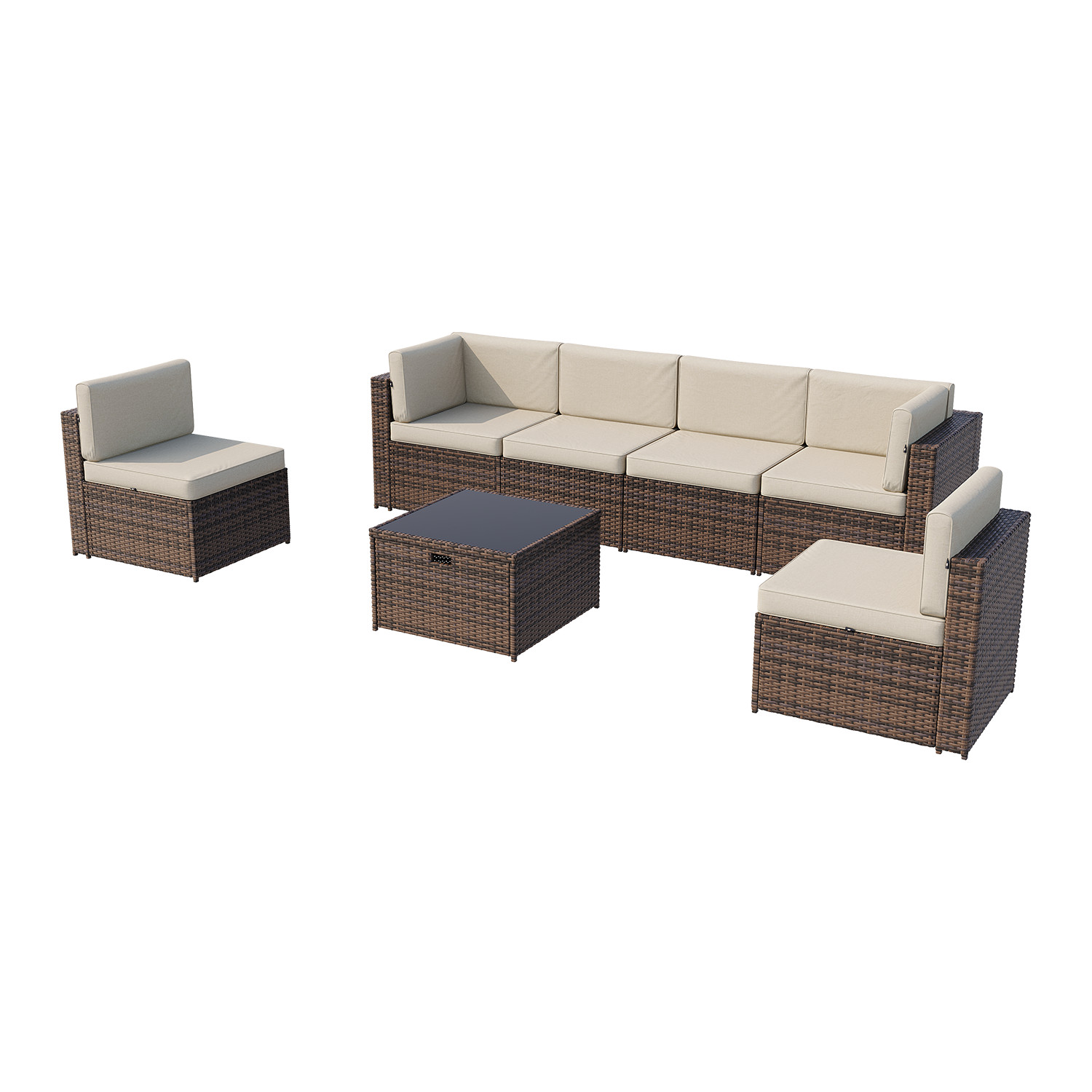 7-Piece Brown Rattan Sofa Set Beige Cushions Coffee Table