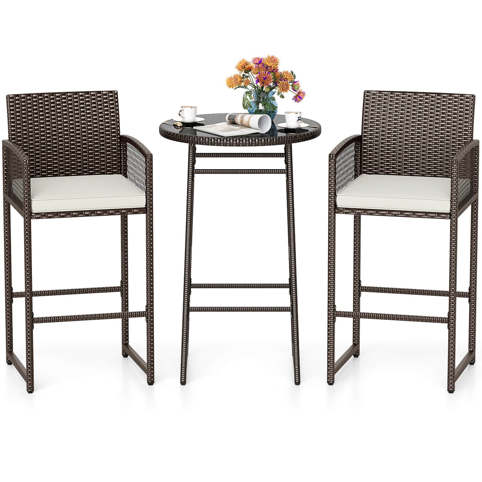 3 Piece Wicker Patio Bar Set w/ 2 Seat Cushions Glass Tabletop for Backyard