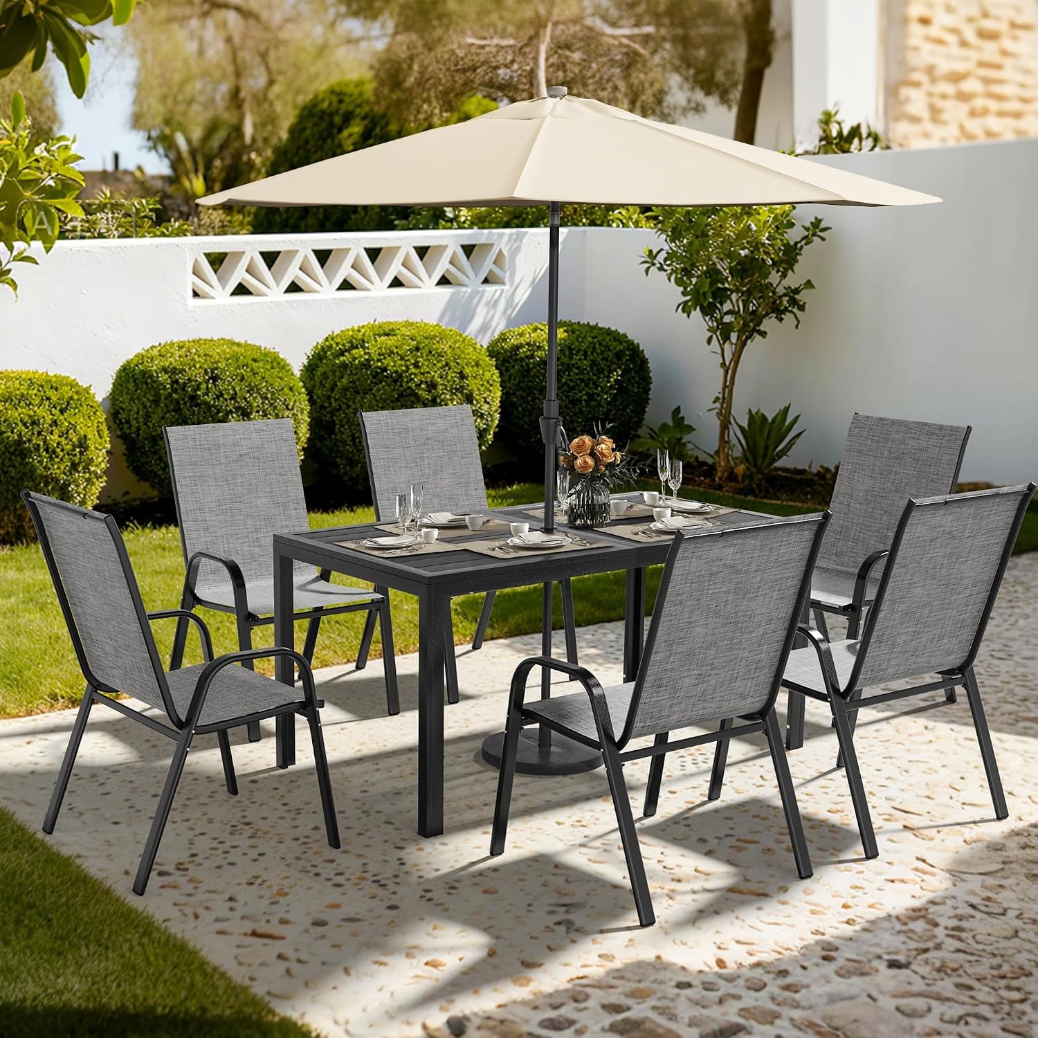 Outdoor Dining Sets 6 Rectangular Steel Slat Table W/ 6 Textilene Chairs