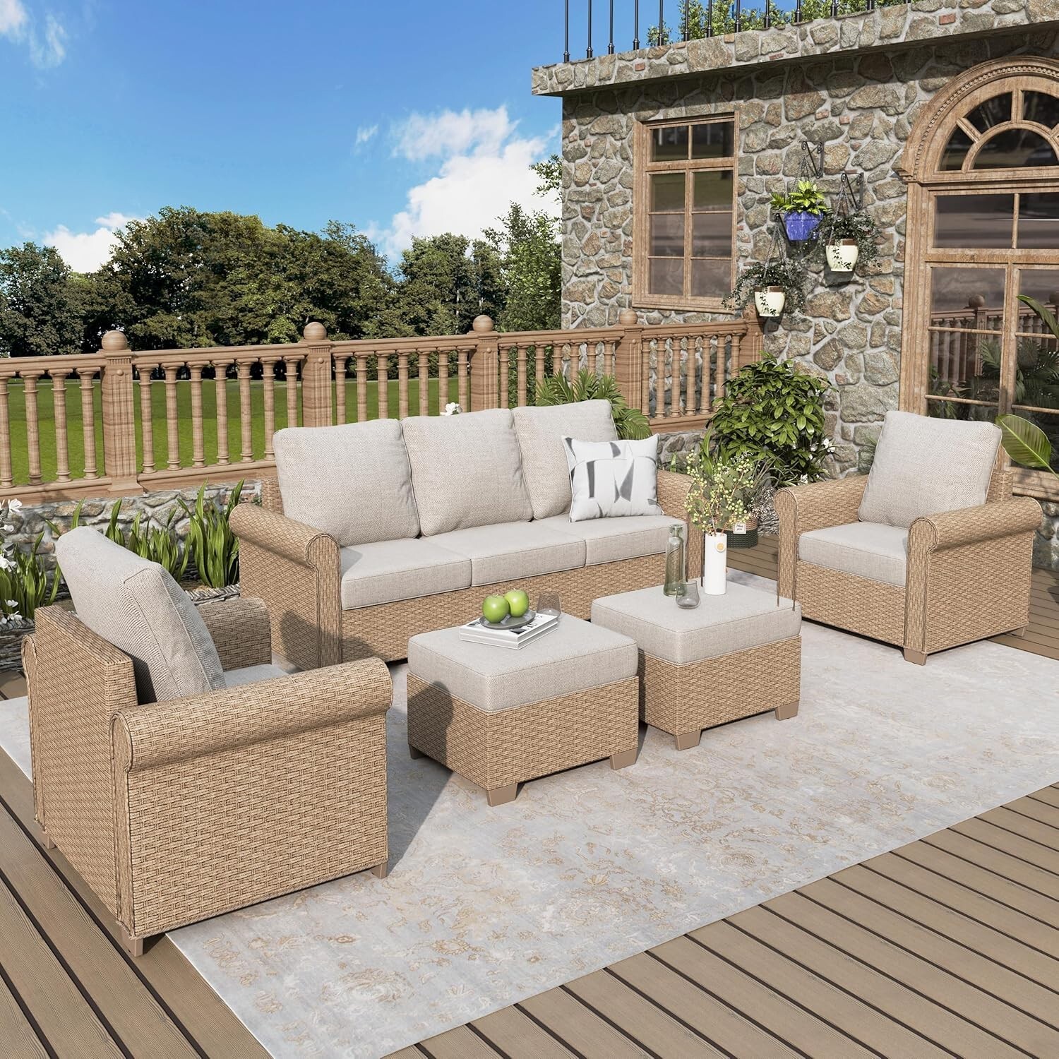 5 Piece Patio Wicker Rattan Conversation Set Outdoor Furniture Set with Cushions