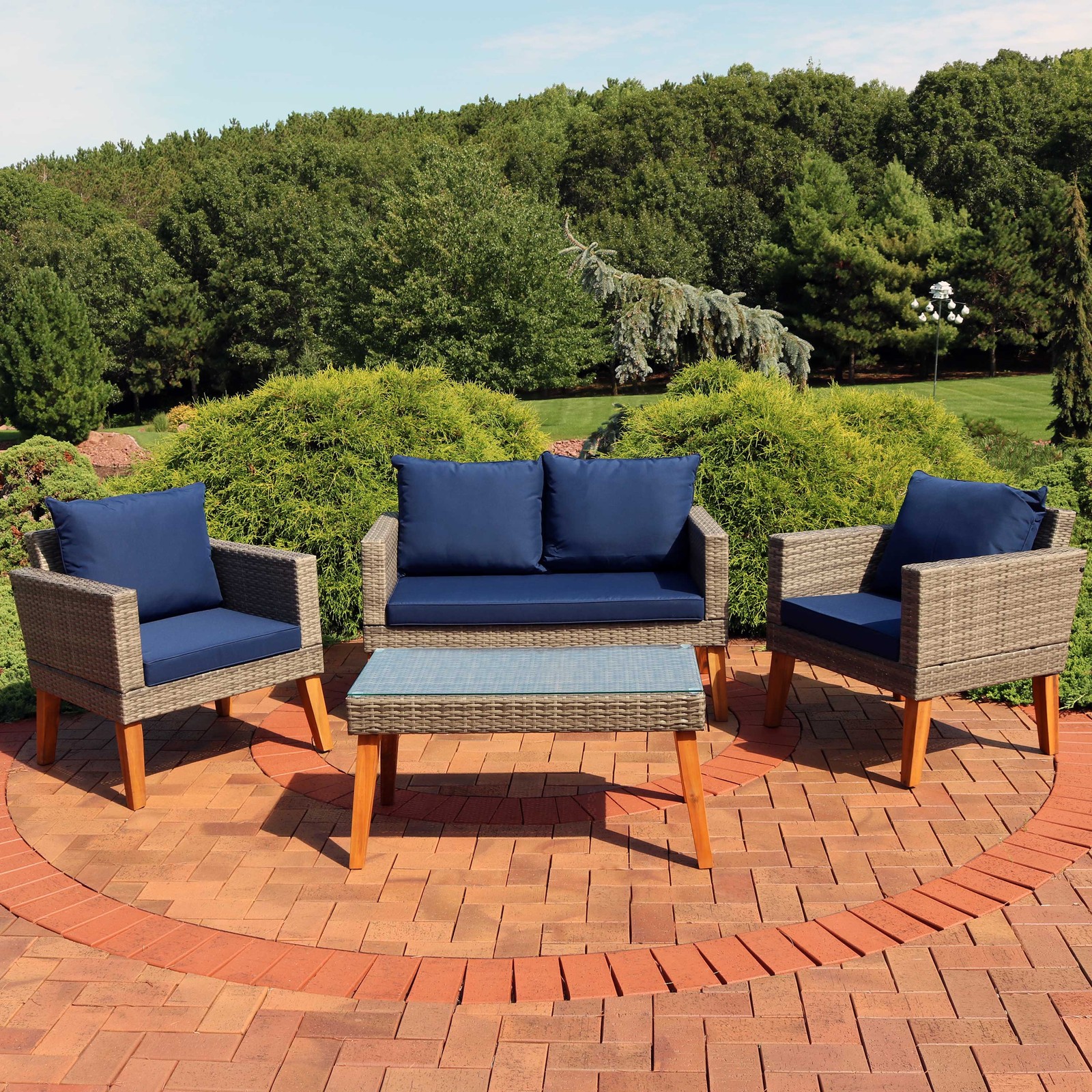 Clifdon Rattan and Acacia 4-Piece Patio Conversation Set – Blue by Sunnydaze