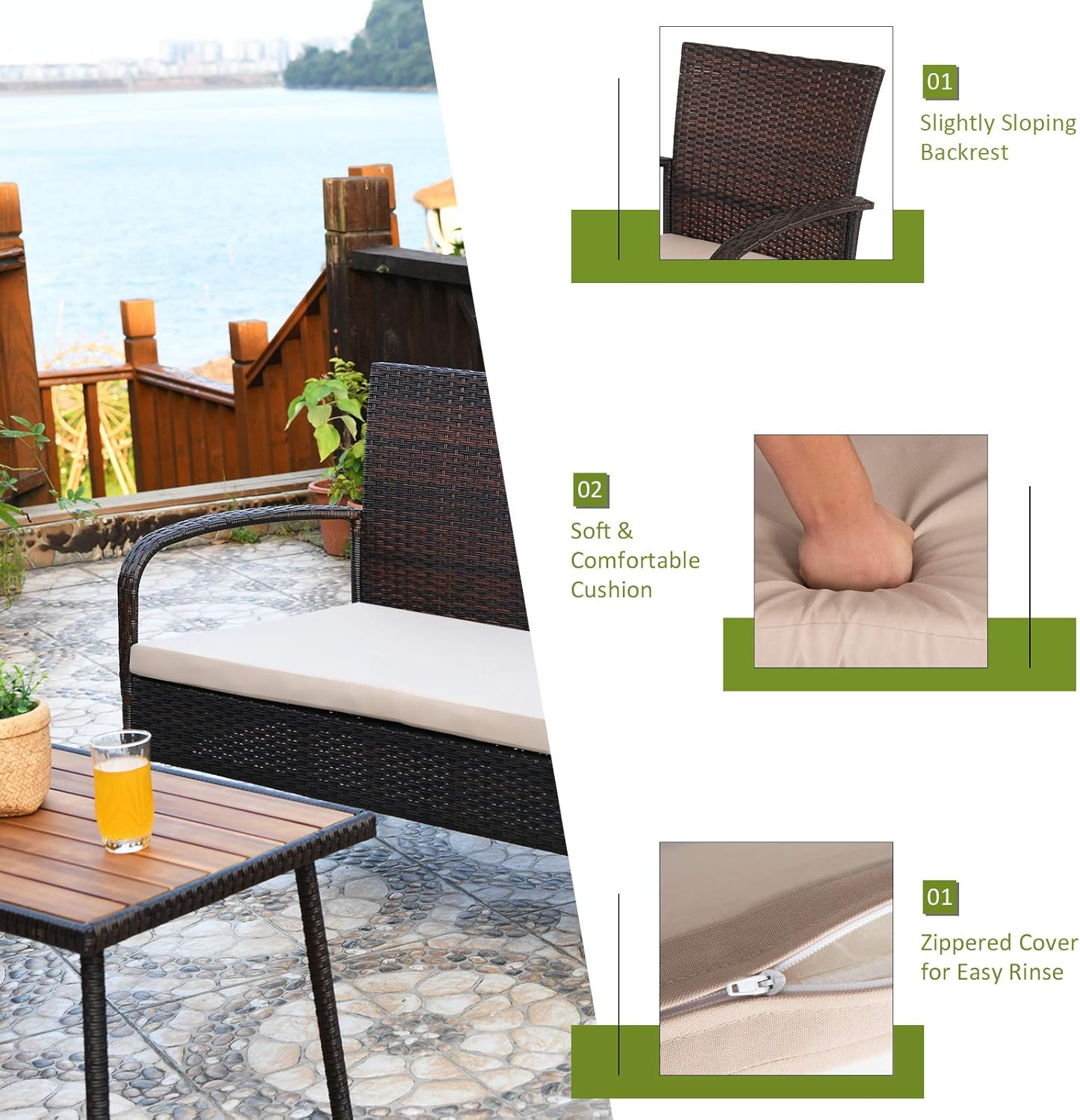 Wicker Conversation 4 Pieces Outdoor Patio Set with Washable Sofa Cushions, Ratt