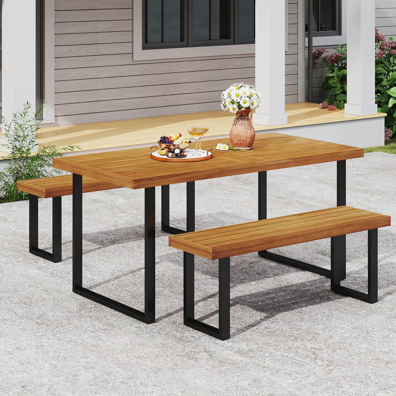 3PCS Patio Dining Table Set, 2 Backless Bench 63” Rectangle Table Umbrella Hole