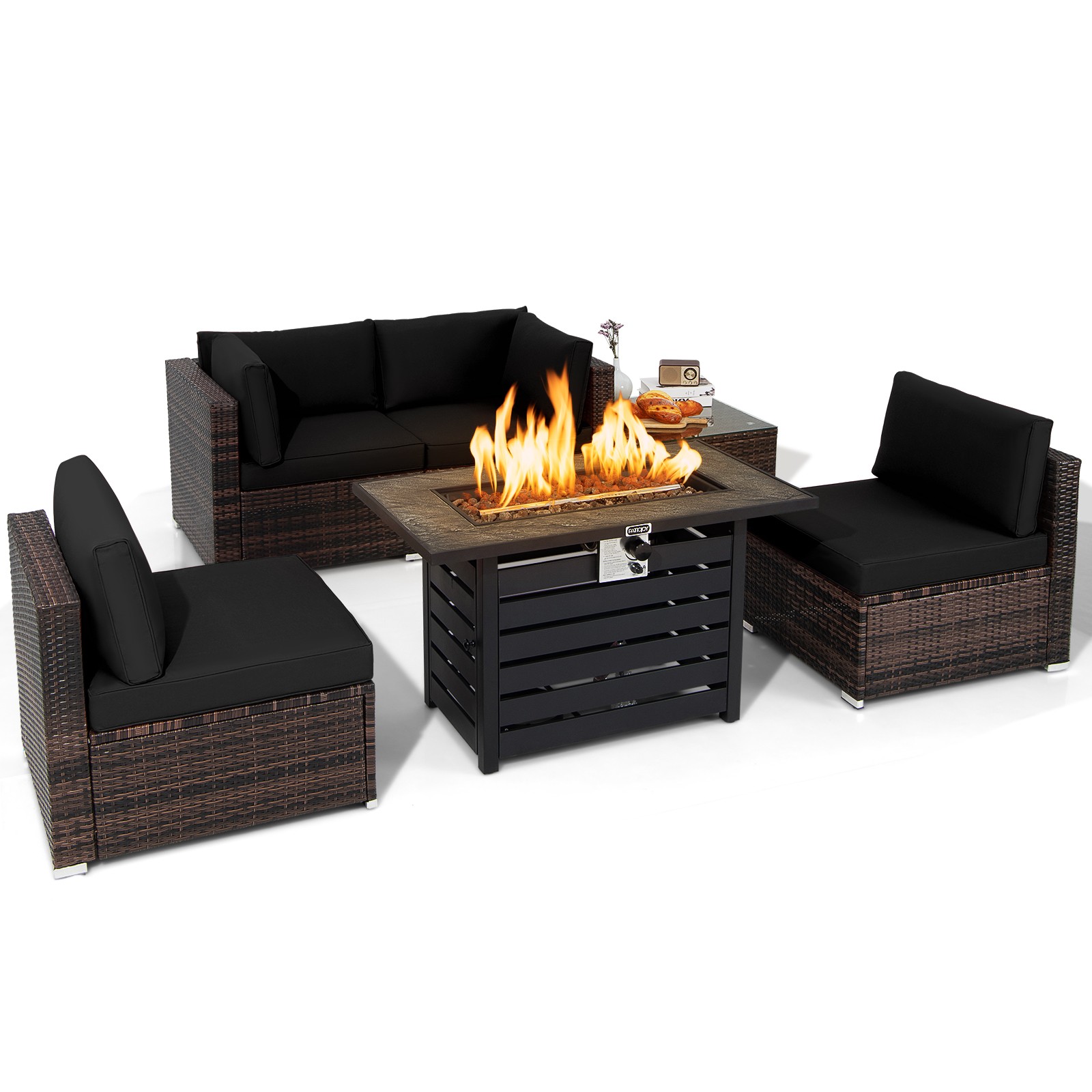 6PCS Patio Rattan Furniture Set 42″ Fire Pit Table Cover Sofa Cushion Black
