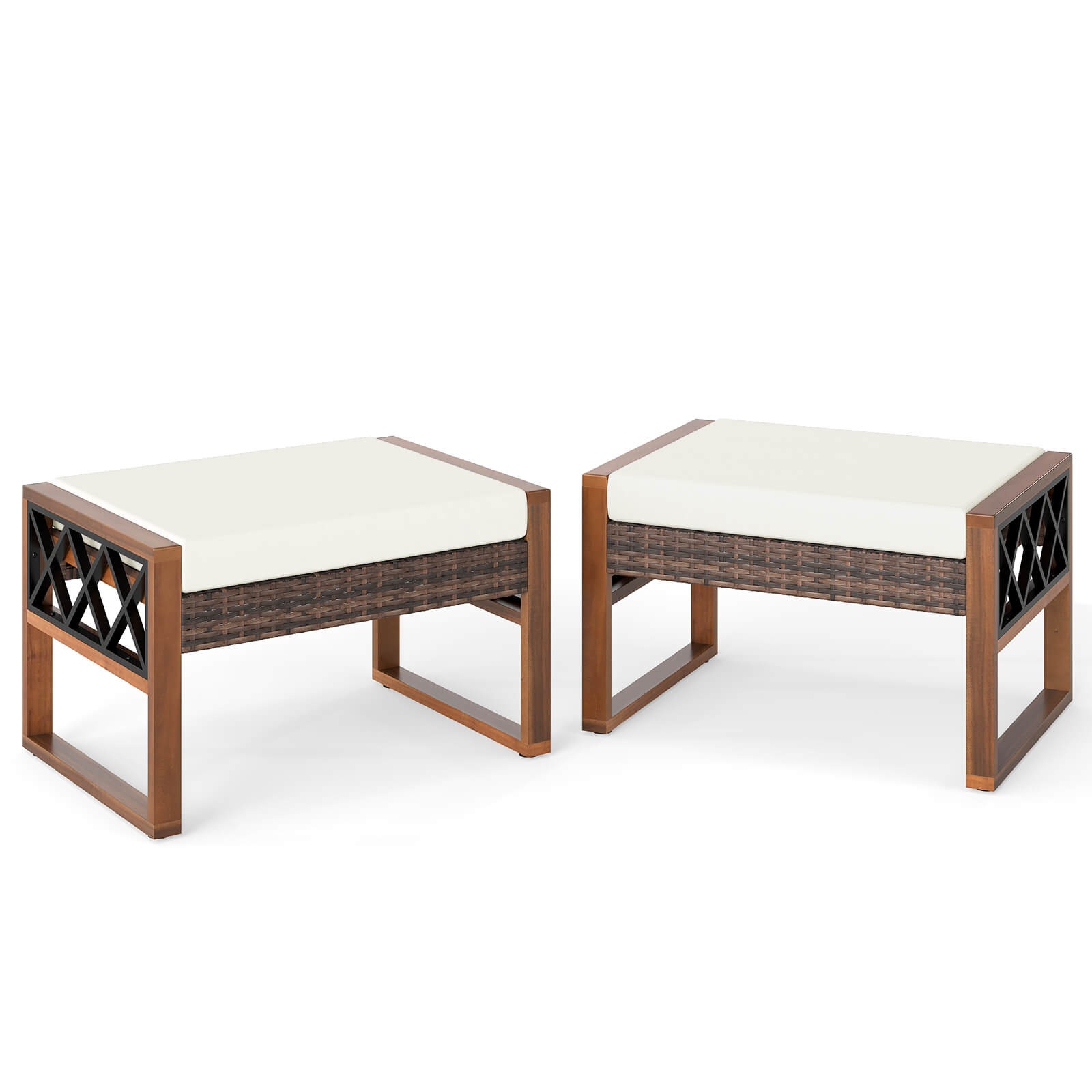 2 PCS PE Rattan Wicker Ottomans Outdoor Patio Footstools Multipurpose Furniture