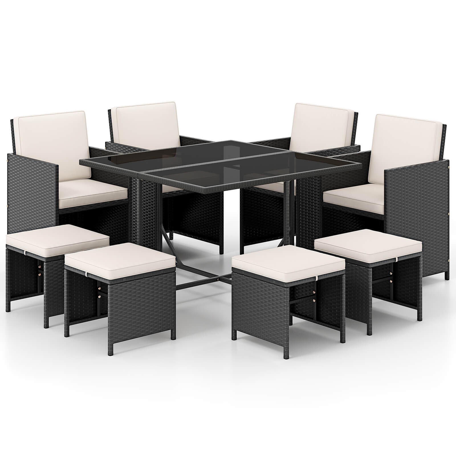 9 PCS Patio Dining Set w/Tempered Glass Table & Ottoman Removable Cushions