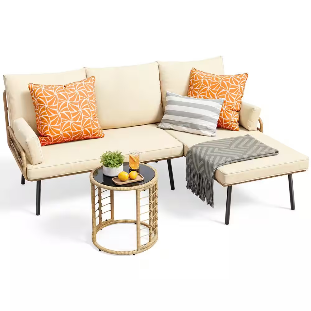 L-Shaped Outdoor Patio Furniture Set, Wicker Conversation Sofa with Cushion and