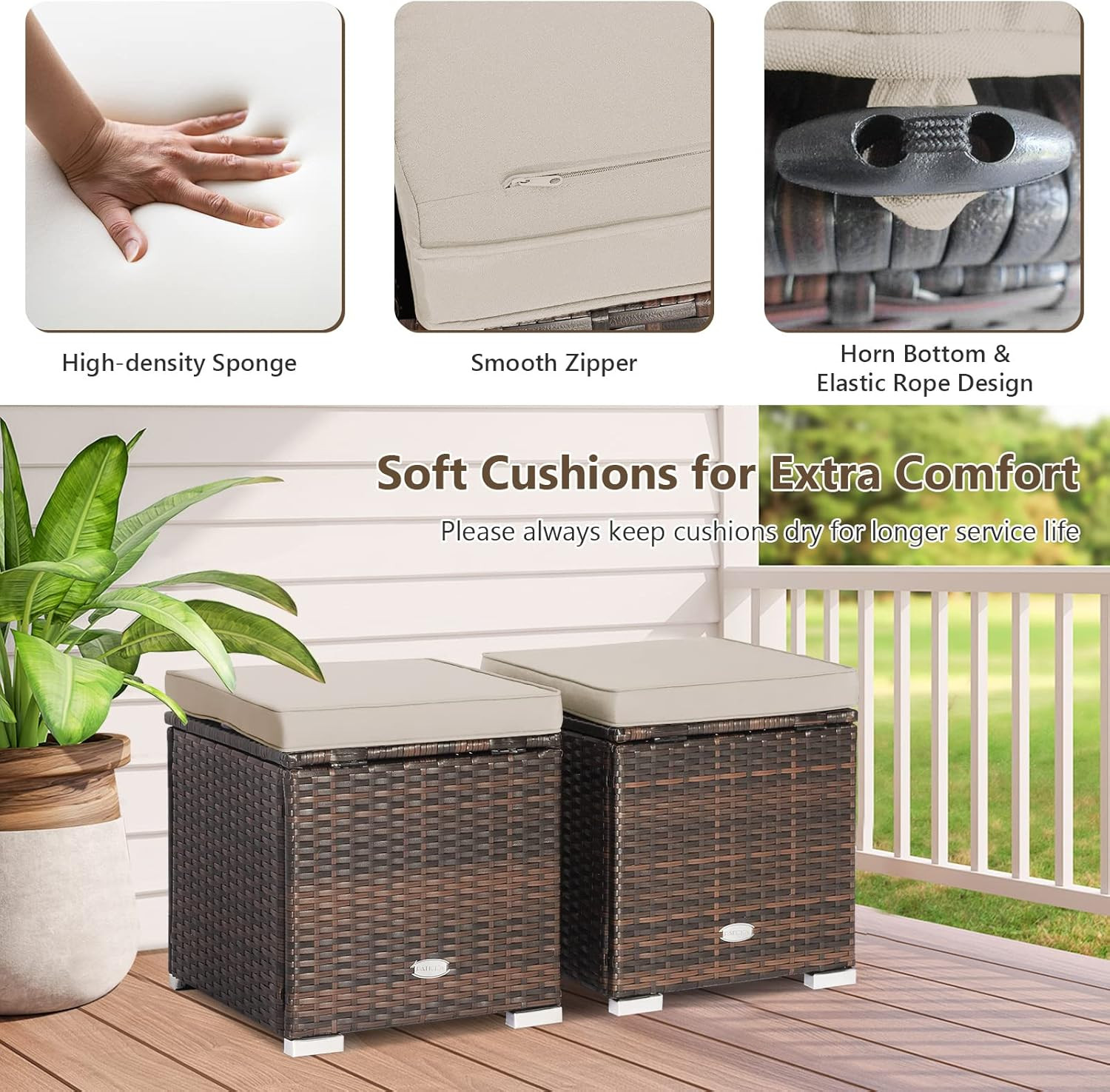 2 Pieces Patio Ottomans, Patiojoy Hand-Woven PE Rattan Side Table with Removable