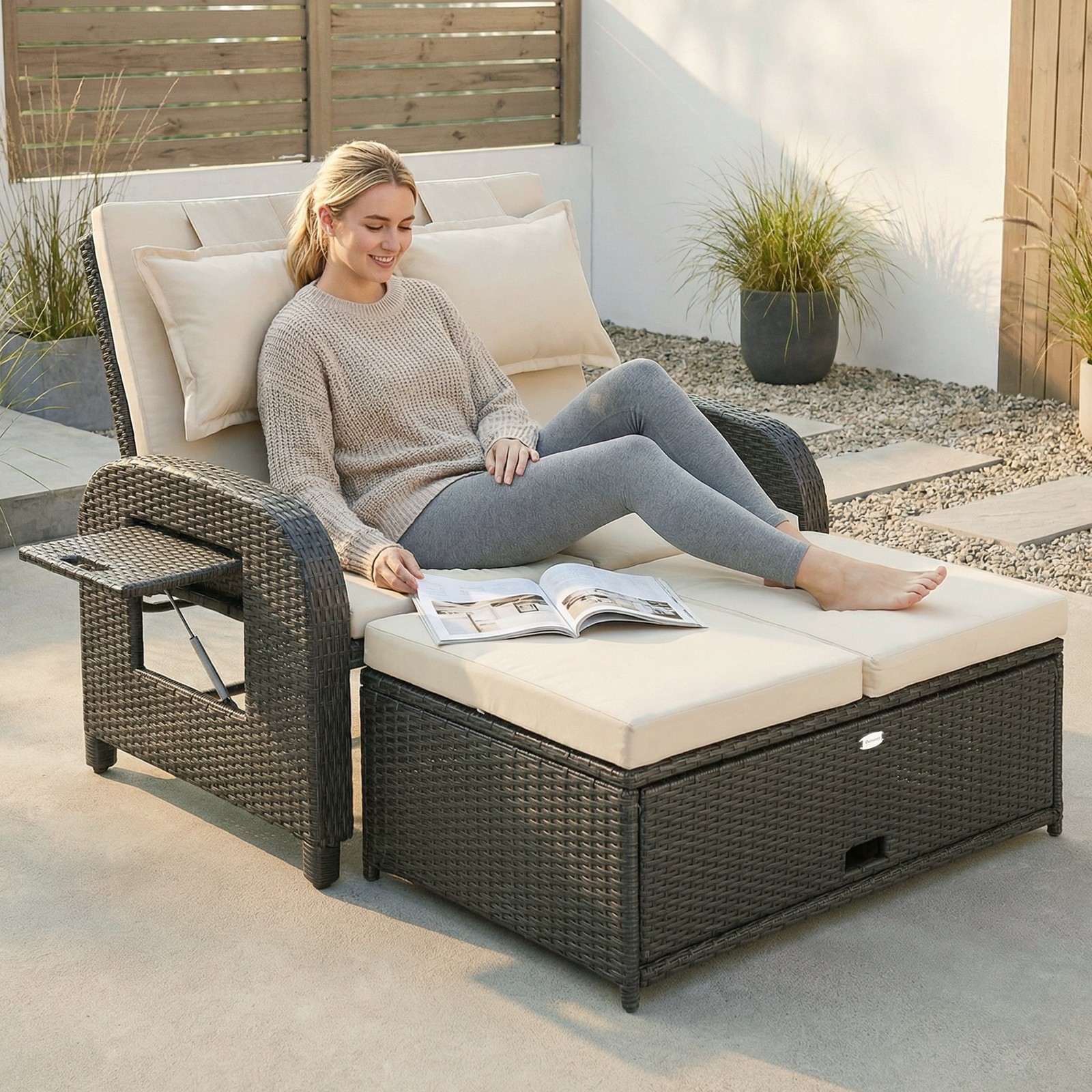 Outsunny Outdoor Patio Rattan Daybed w/ Storage Ottoman, Beige