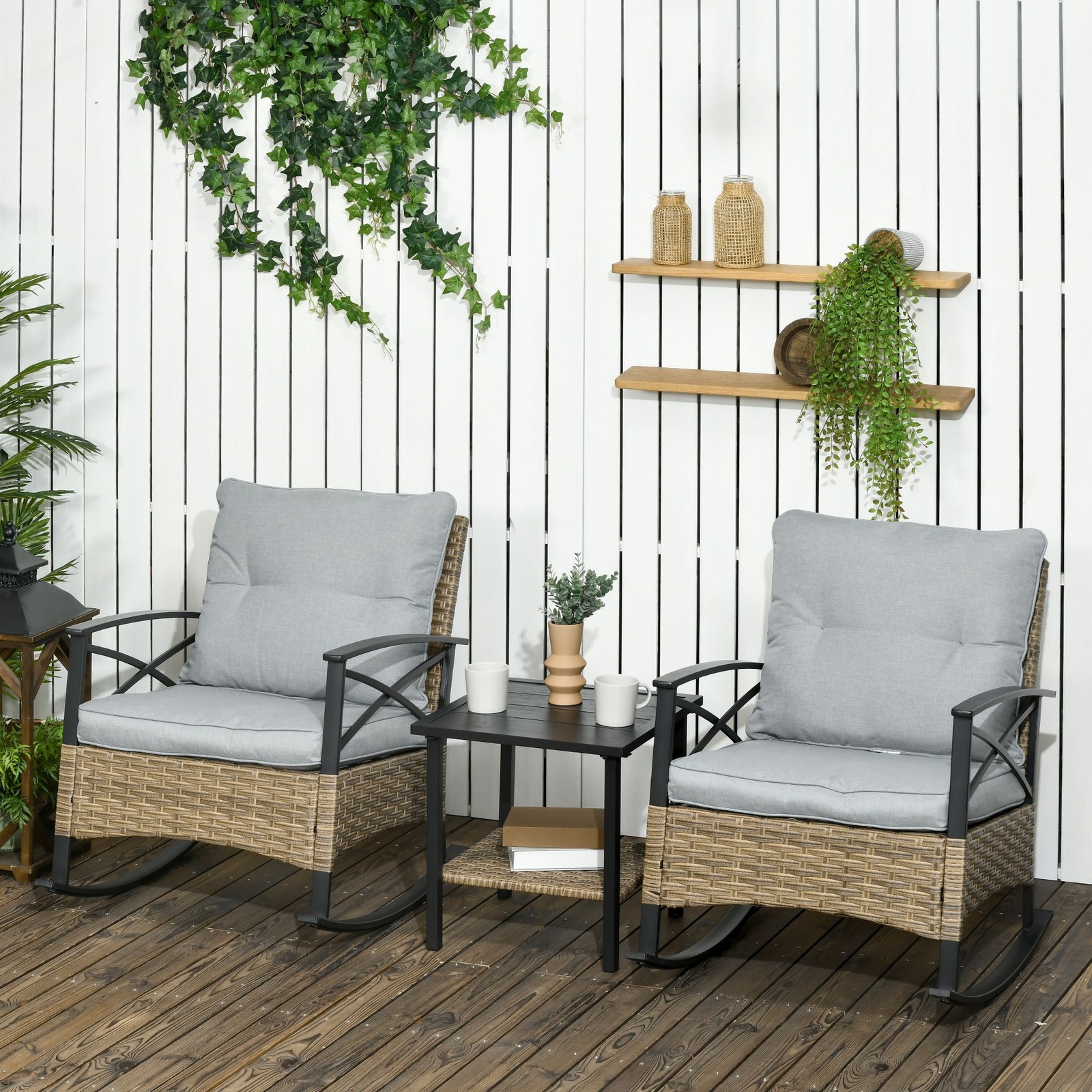3PC Wicker Patio Rocking Set Outdoor Bistro Furniture with Cushions Light Grey
