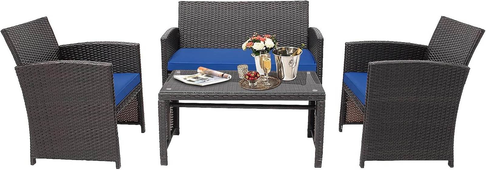 Set of 4 Rattan Conversation Set Outdoor Wicker Furniture Set with Tempered Glas