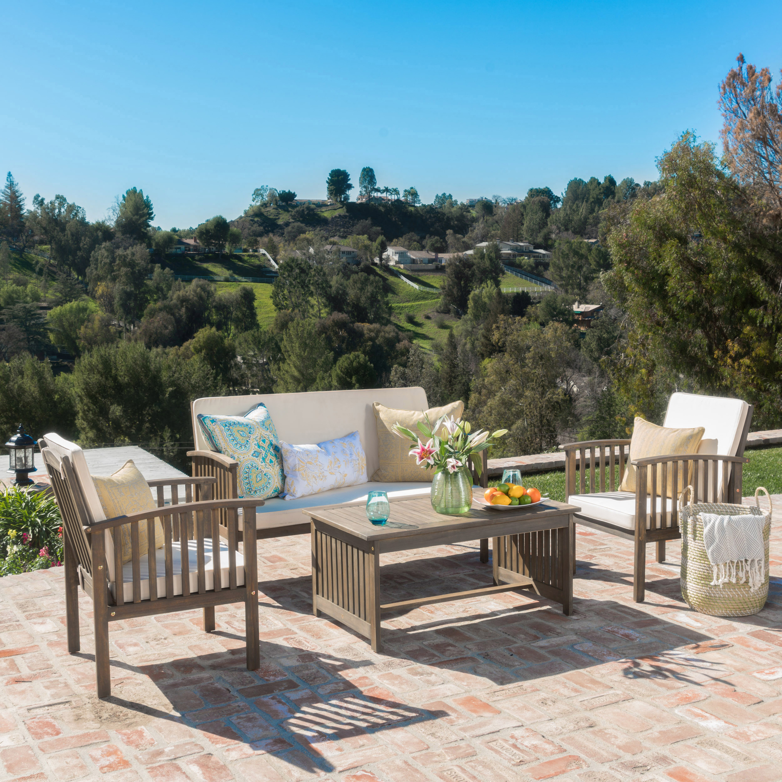 4 Pieces Wood Patio Furniture Set Outdoor Patio Conversation Set for Backyard