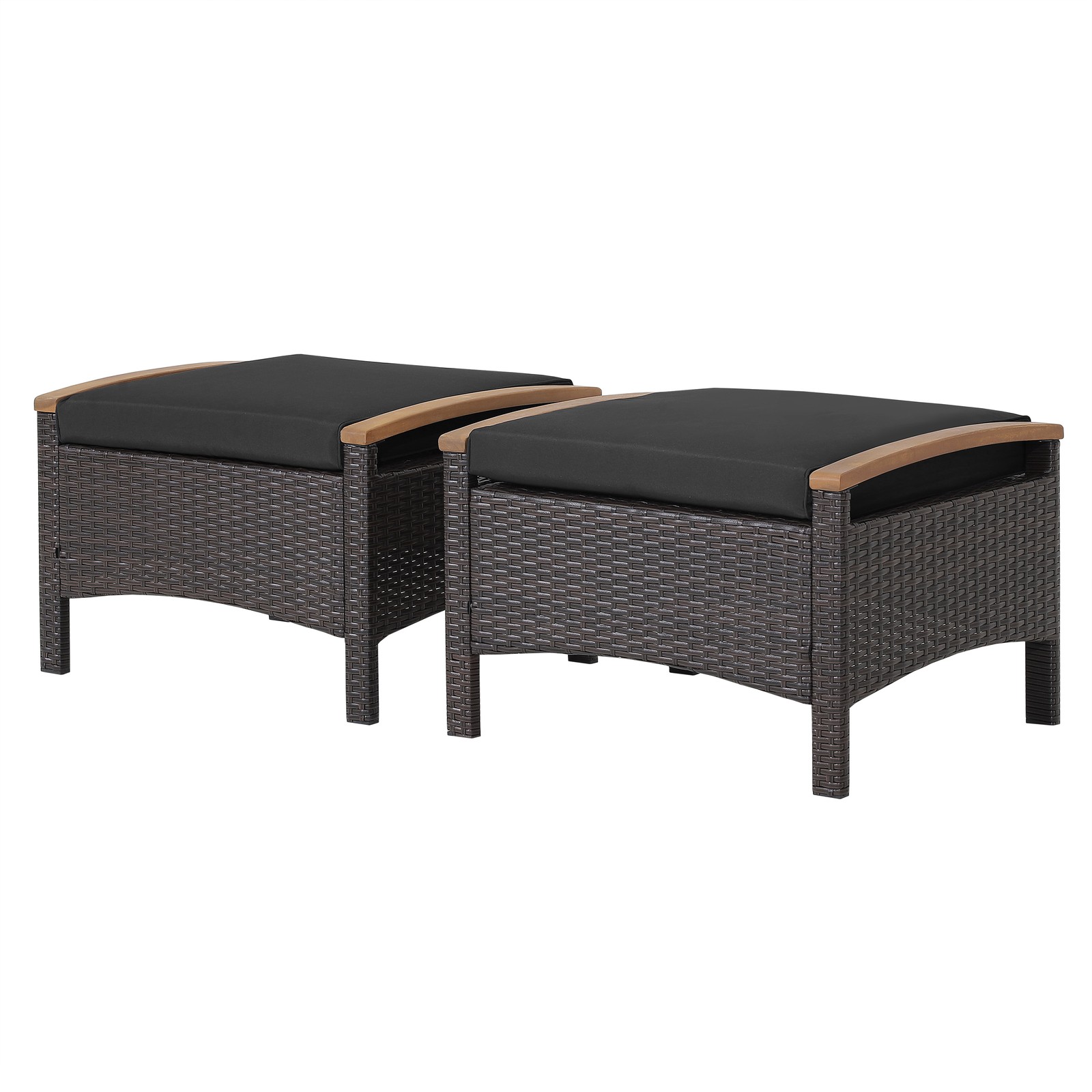 Set of 2 Outdoor Patio Ottoman w/Removable Cushions & Solid Acacia Wood Handle