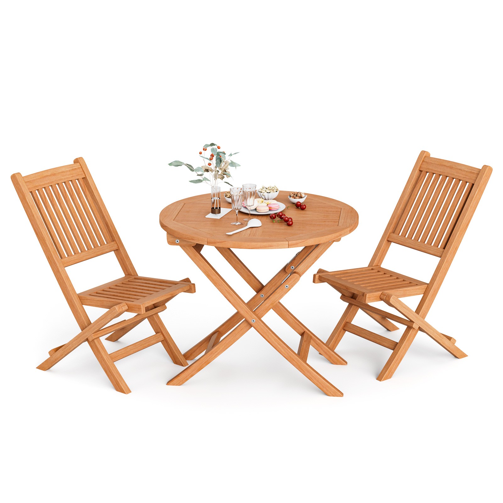 3pcs Patio Indonesia Teak Wood Bistro Dining Set Folding Chair & Table Slatted