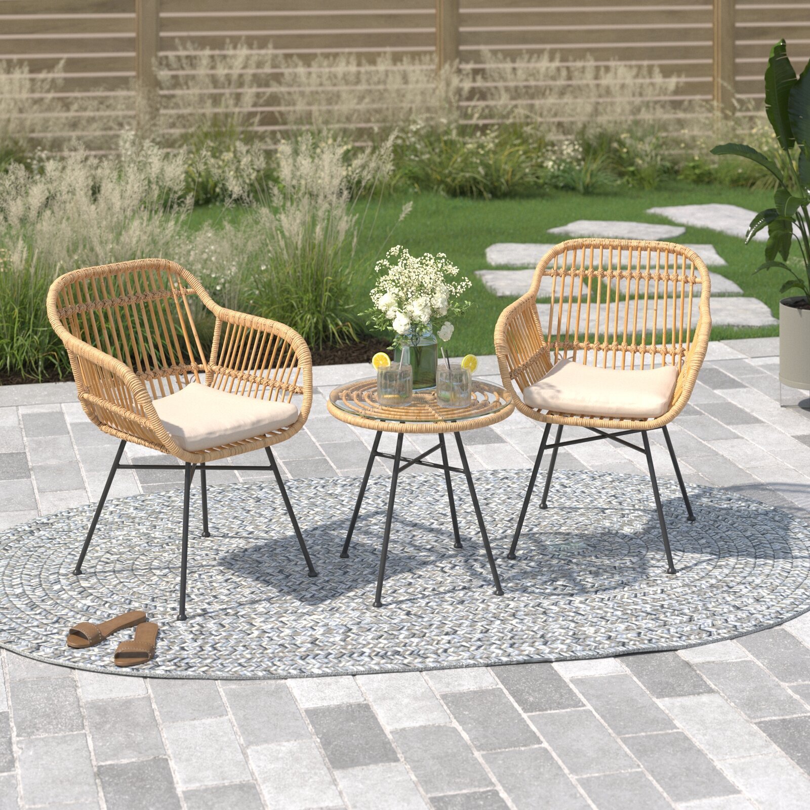 3-Pieces Outdoor Bistro Patio Set Chairs Seat Cushion Wicker and Glass Table