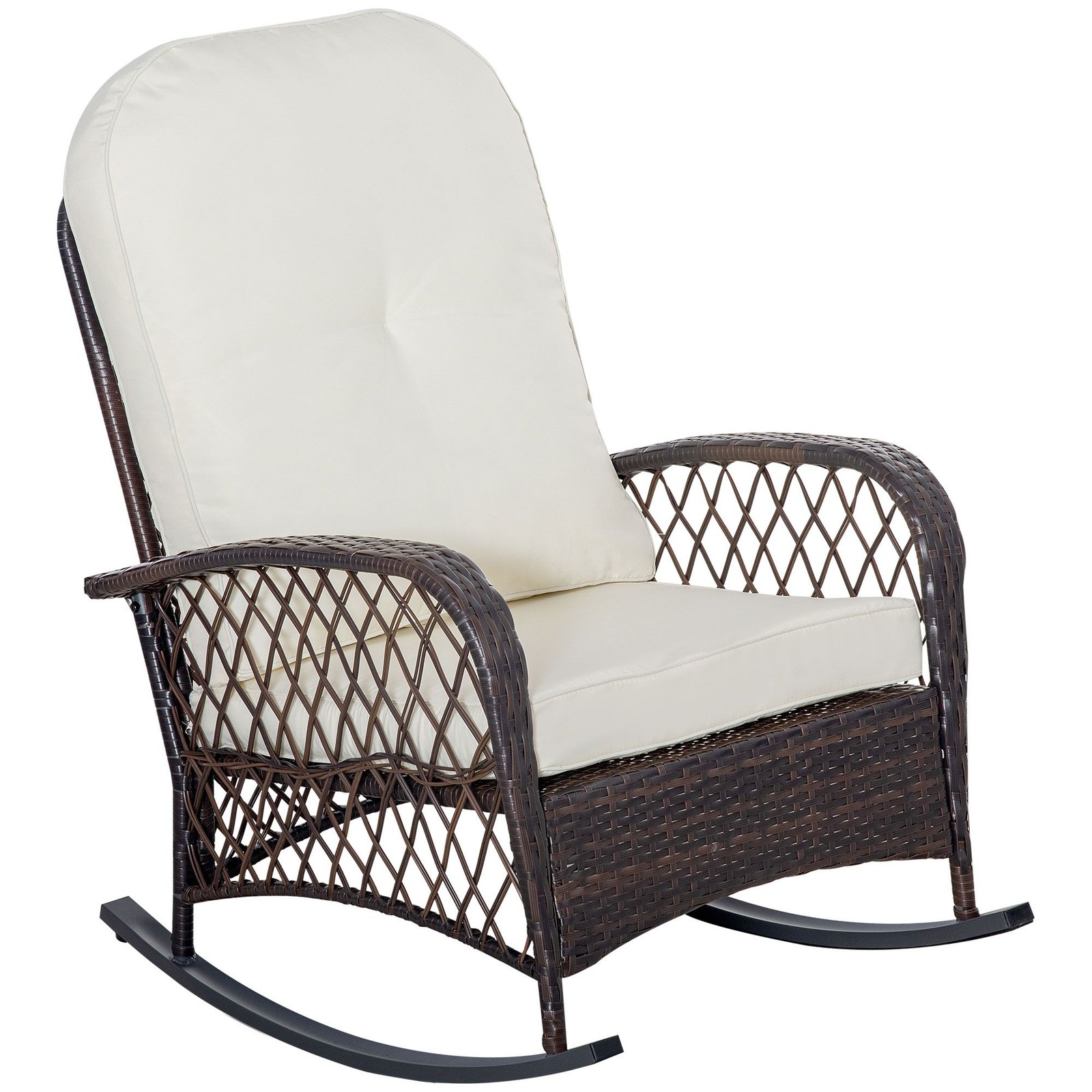 Outdoor Wicker Rocking Chair with Wide Seat and Thick Cushion Cream White Patio