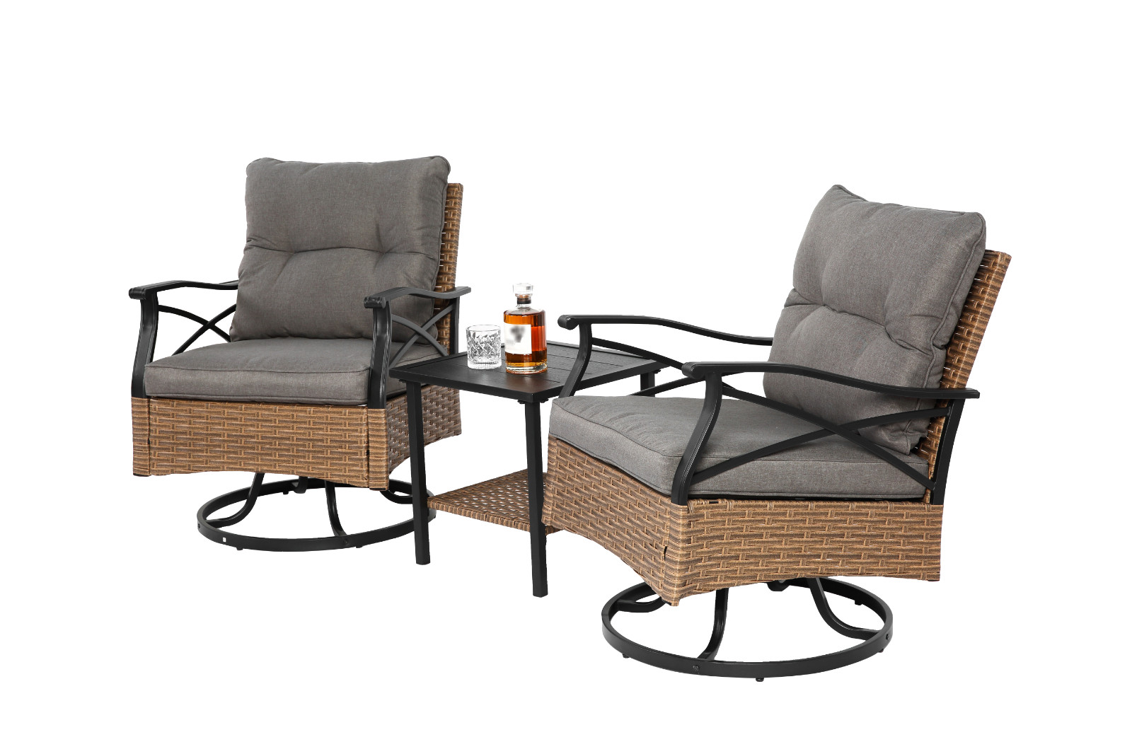 3-Piece Outdoor Patio Furniture Set Swivel Rocker Chairs With Table For Balcony