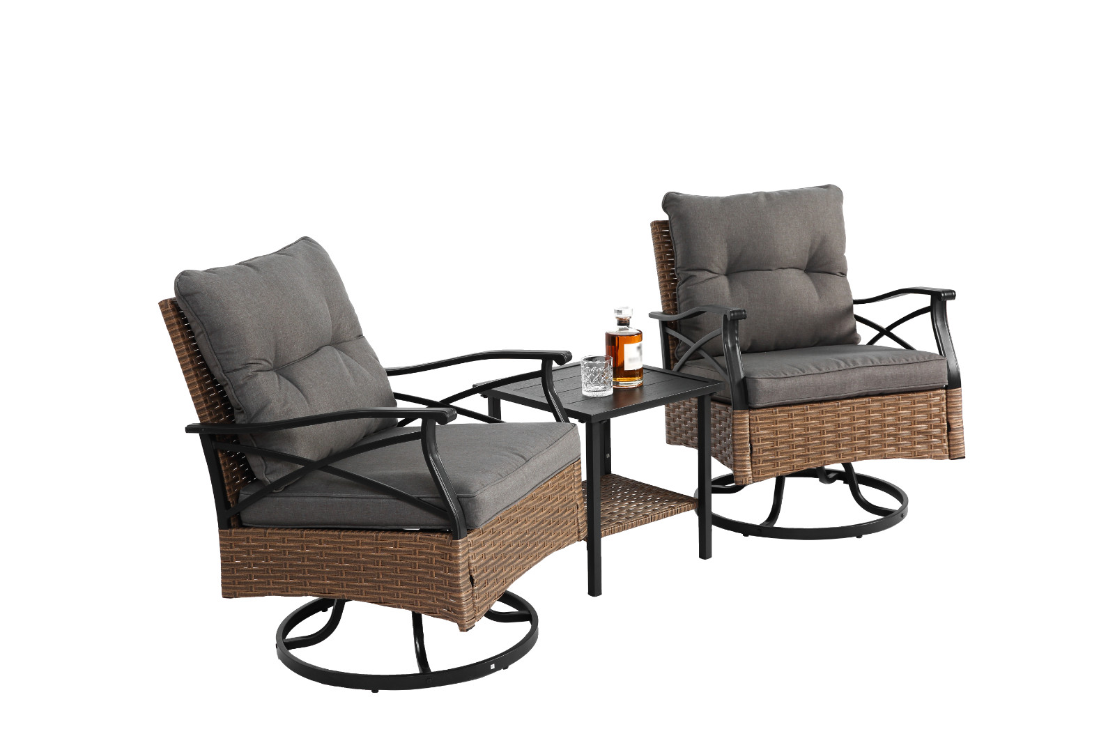 3-Piece Outdoor Patio Furniture Set Swivel Rocker Chairs With Table For Balcony