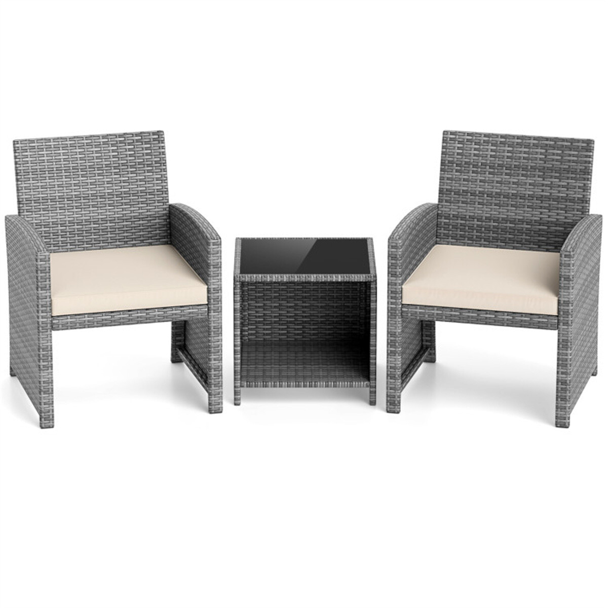 White 3 Pieces Patio Furniture Set with Tempered Glass Coffee