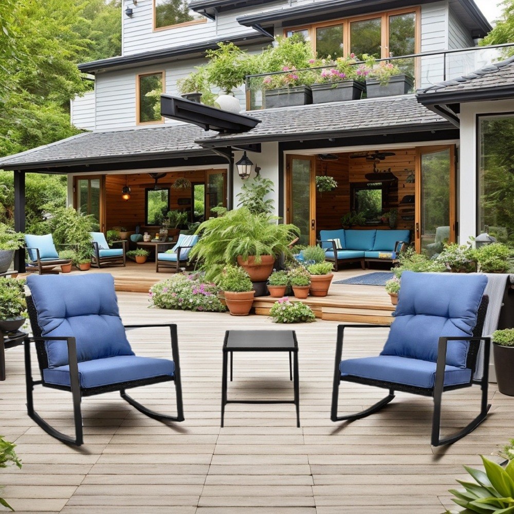 3 Pieces Patio Bistro Set Outdoor Rocking Chair Blue Cushion Yard Garden
