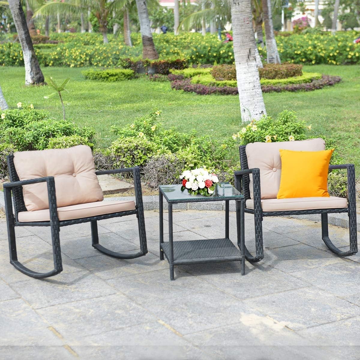 3 Piece Outdoor Wicker Rocking Set with Cushions and Glass Coffee Table Beige