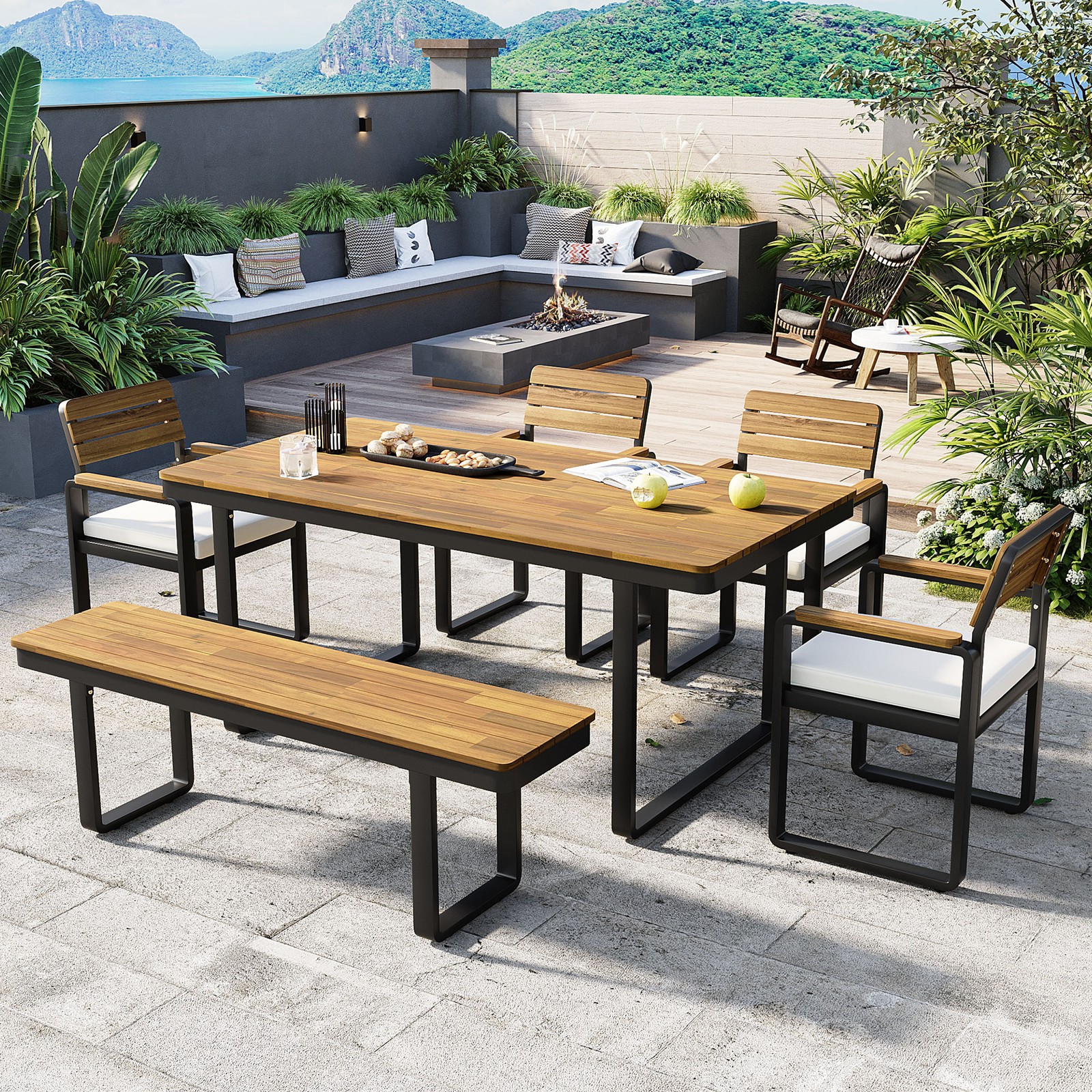 6-Piece Outdoor Patio Dining Set Acacia Wood Table + 4 Chairs +Bench + Cushion