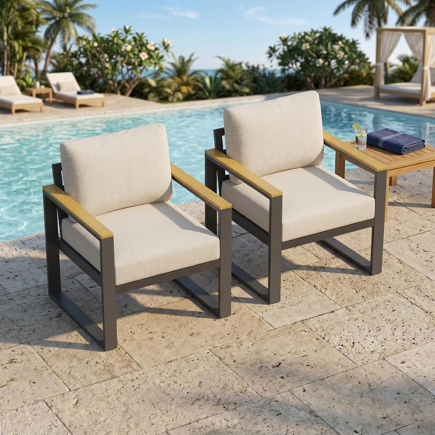 All-Weather Rust-Resistant Aluminum Patio Armchairs Set of 2 – Upgraded Cushions