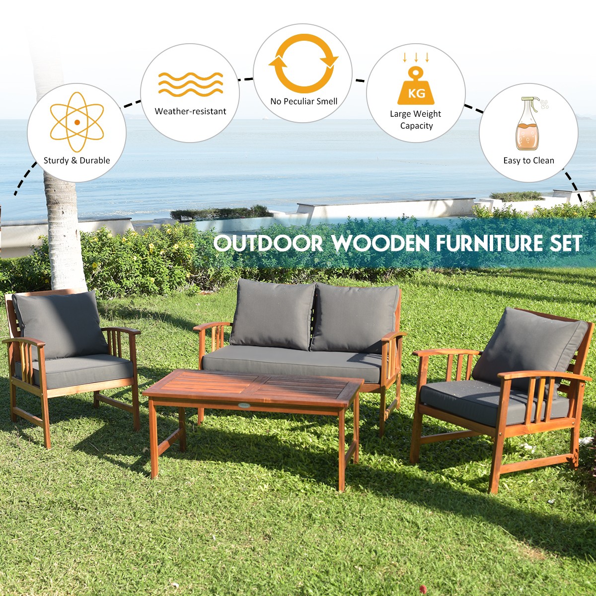 4PCS Wooden Patio Furniture Set Table Sofa Chair Cushioned Garden NEW