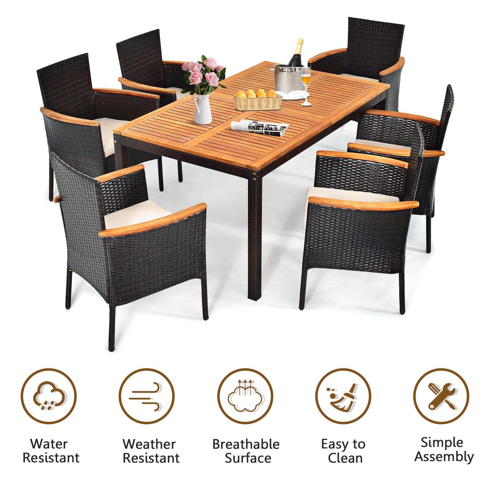 Patiojoy 7PCS Patio Rattan Dining Set Armrest Cushioned Chair Wooden Tabletop