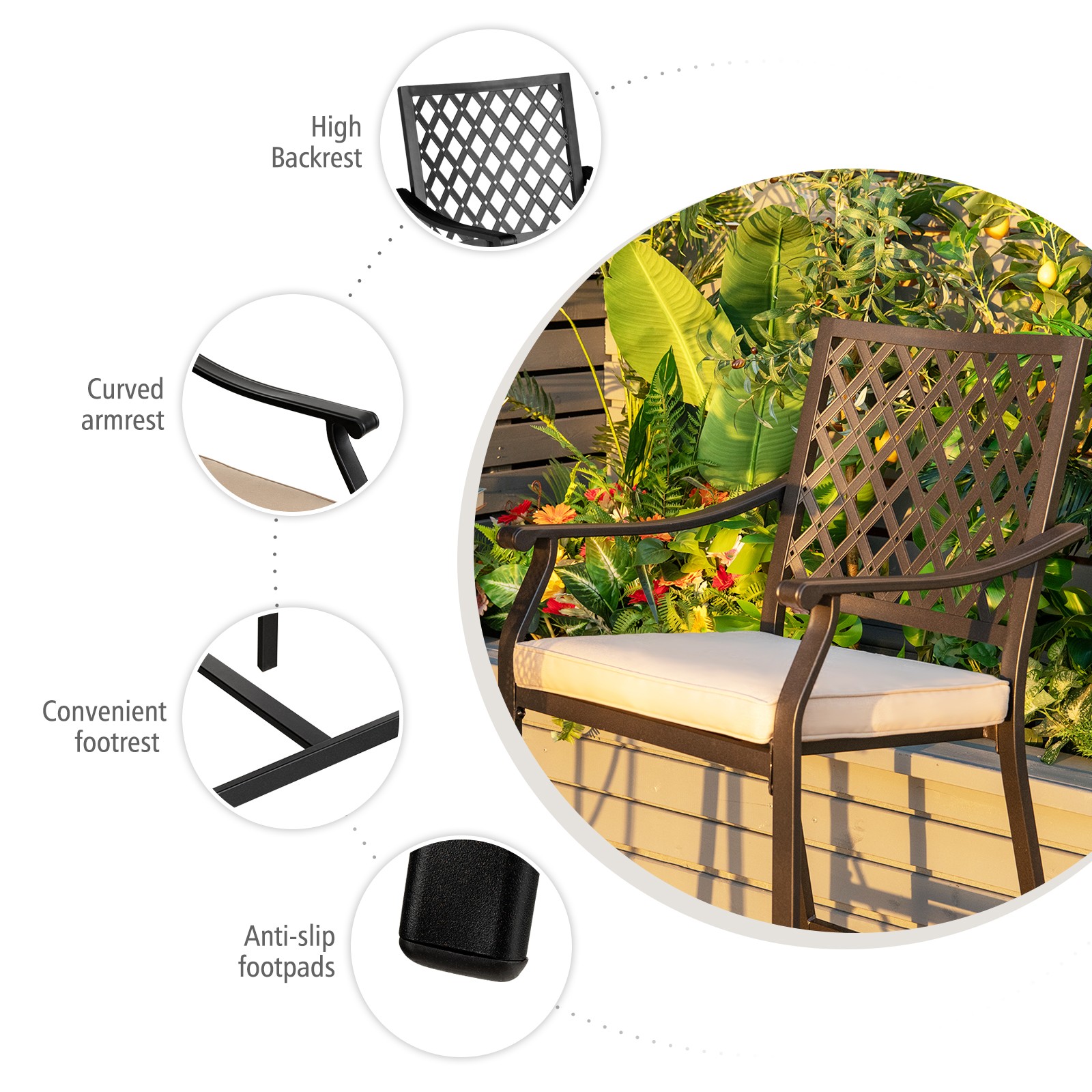 Patiojoy Patio 2PCS Bar Stool Counter Height Cushioned Chair Armrest Garden Deck