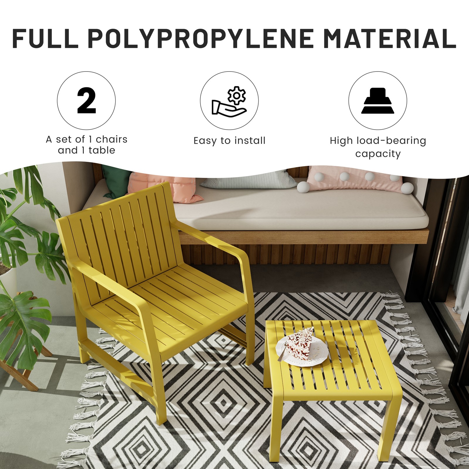 2PC Indoor Outdoor Furniture Set PP Chair Coffee Table Patio Balcony Yellow