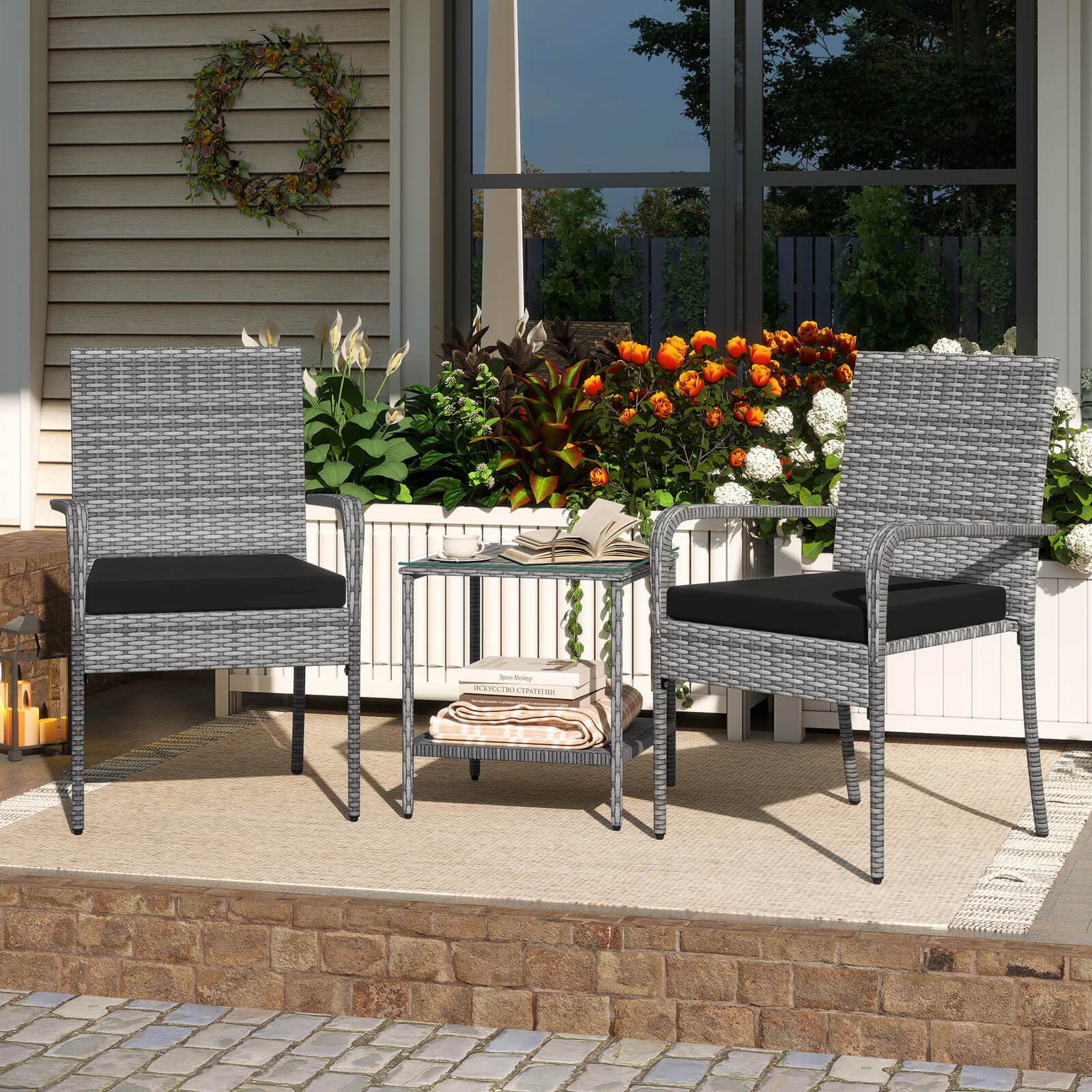 3 PCS Patio Furniture Set w/ Seat Cushions & Tempered Glass Tabletop