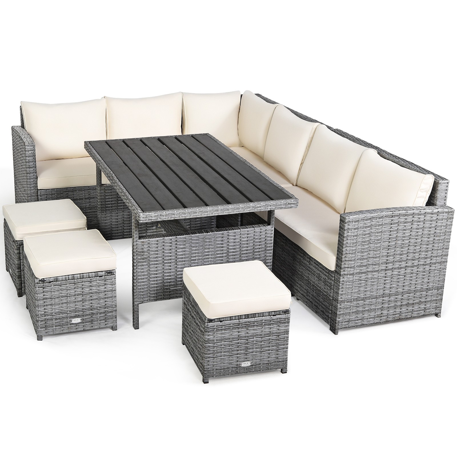 Patiojoy 7 PCS Patio Rattan Dining Set Sectional Sofa Couch Ottoman Garden White