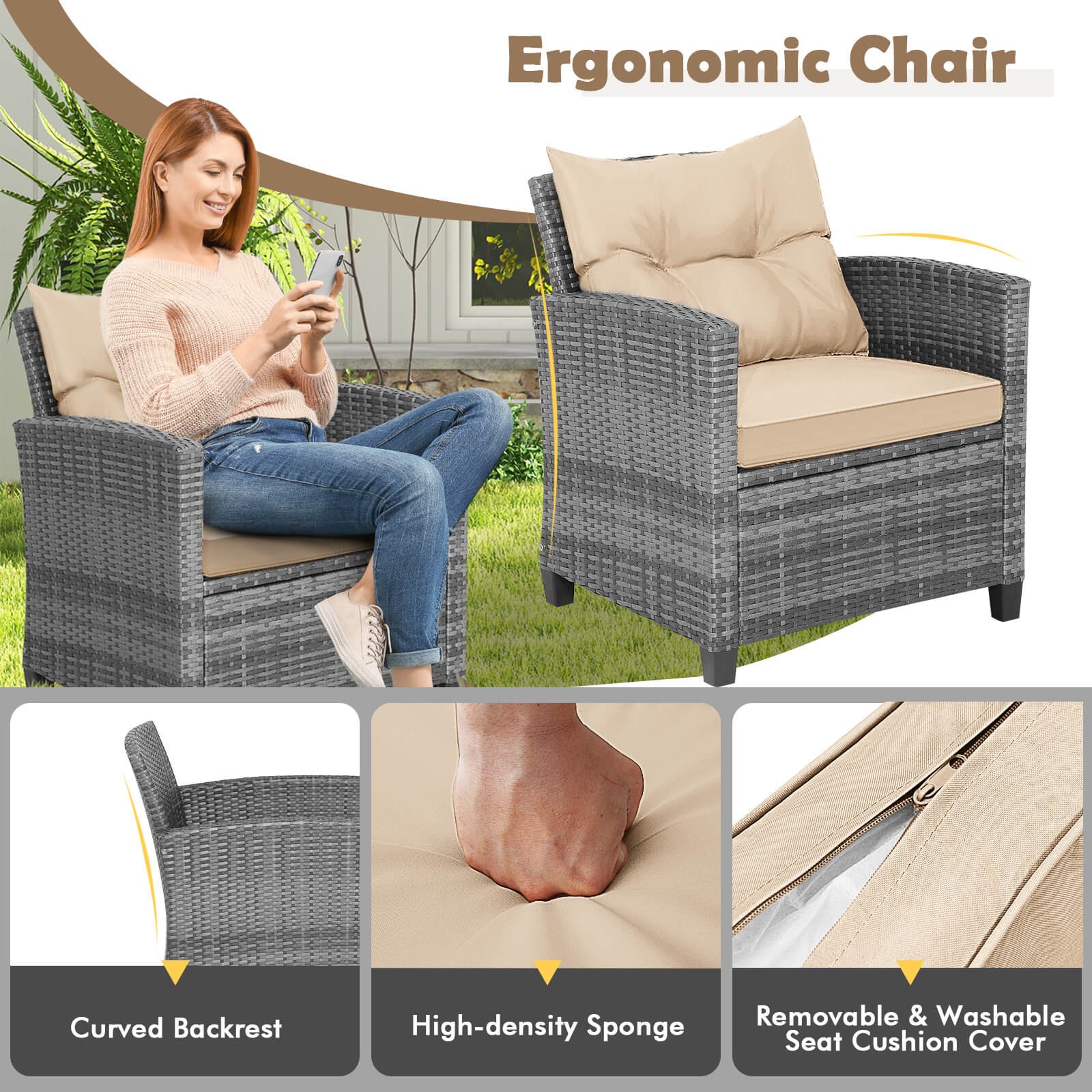 3PCS Patio Rattan Furniture Bistro Set Cushioned Sofas Side Table Armrest