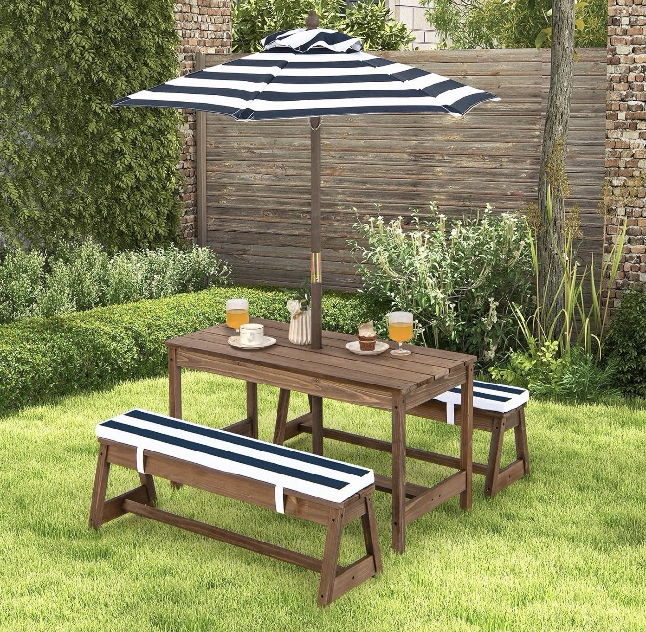Kids Wooden Table & Bench Set with Cushions and Striped Umbrella, Indoor Outdoor