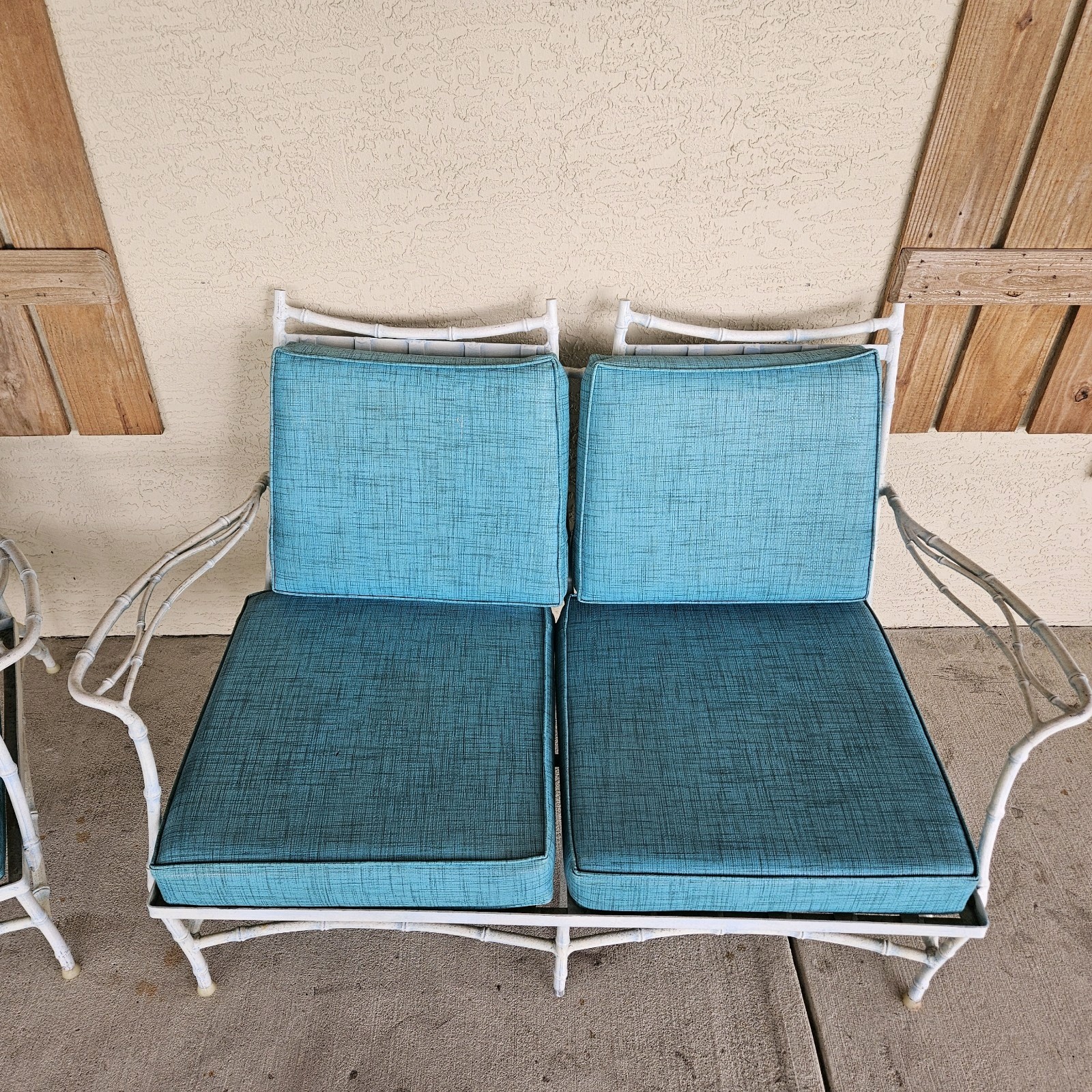 Iron Patio Furniture Set Loveseat & Chair Mid-Century Modern Faux Bamboo Vintage